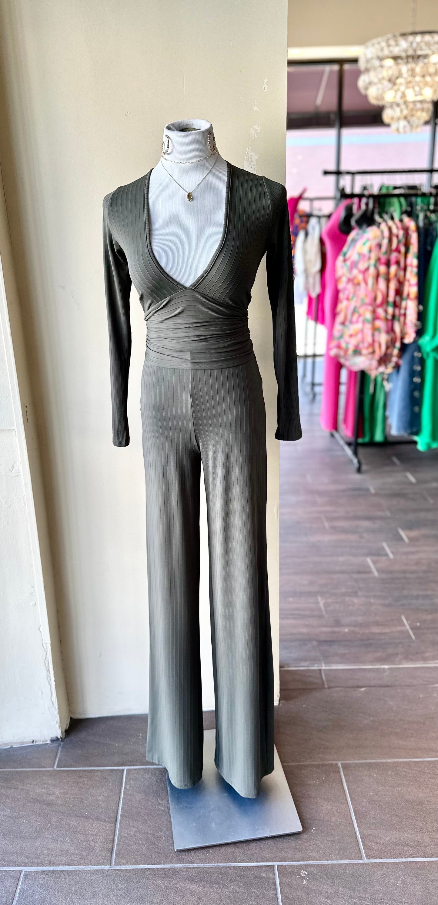 Deep V Neck Long Sleeve Top W Pants