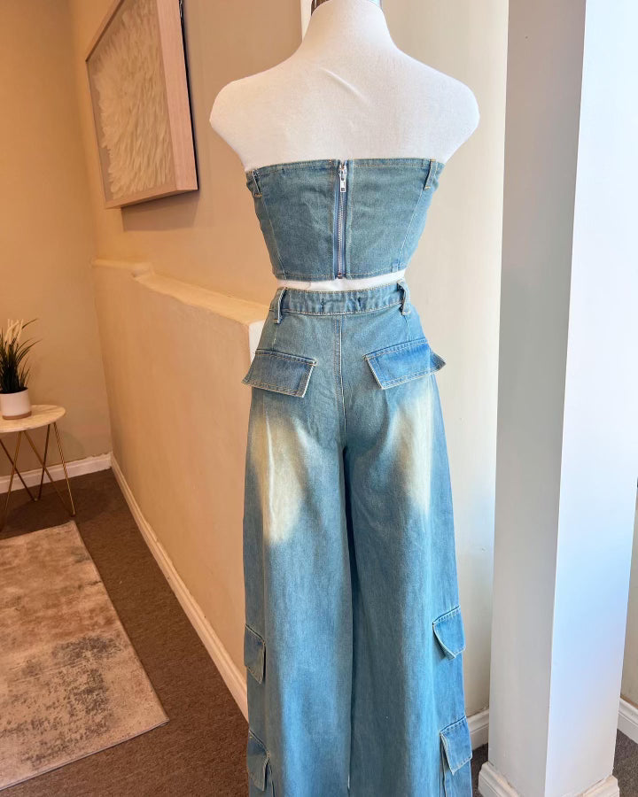 Denim Tube Top Pants Set