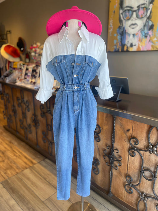 Denim Long Sleeve Button Jumpsuit