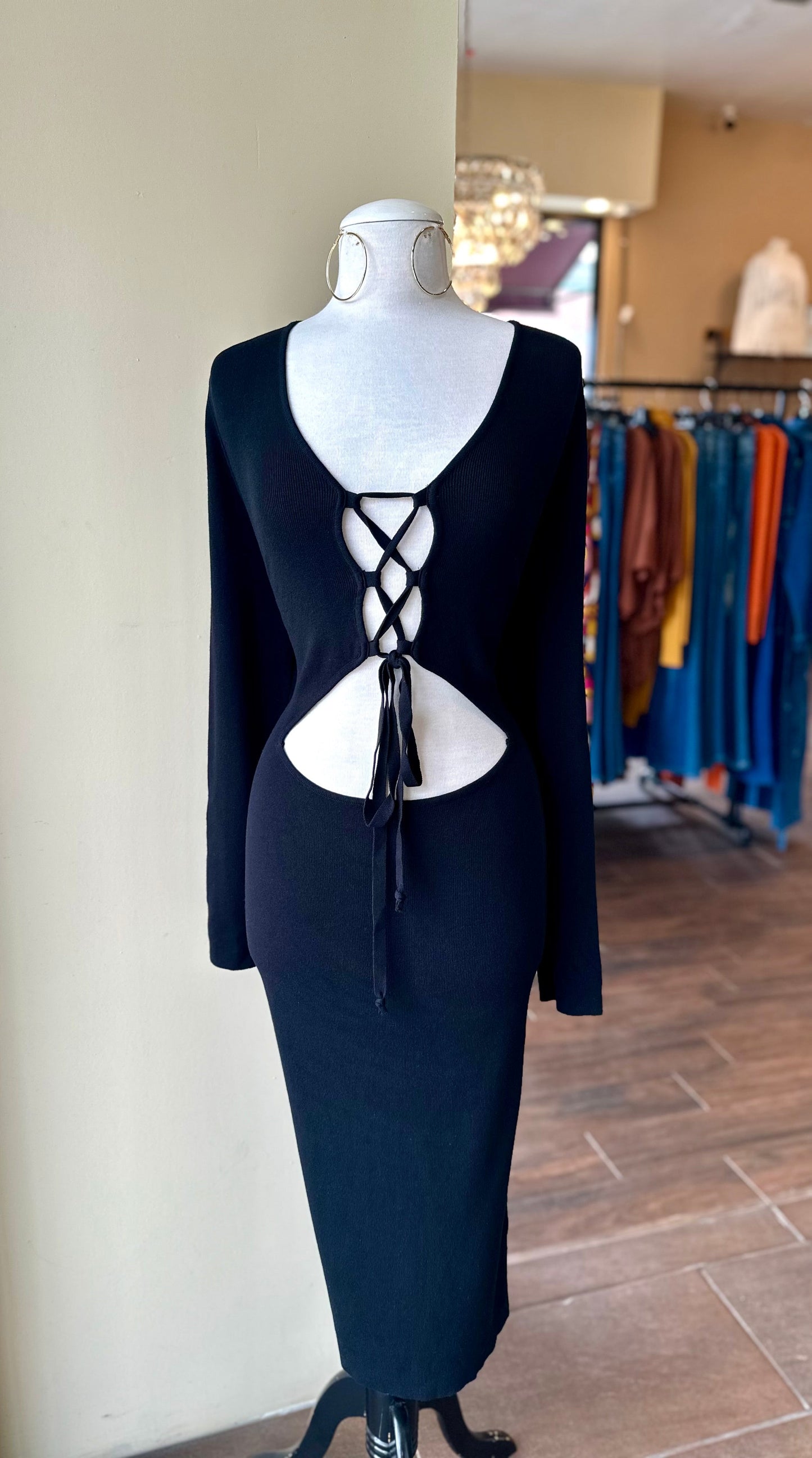 Shoe Lace Front Tye Midi Dress Black