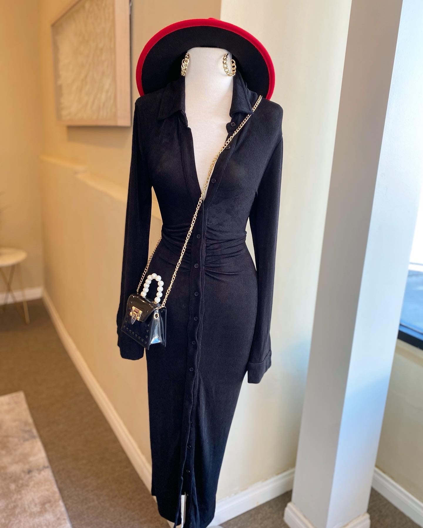 Collar Neck Button Long Sleeve Dress