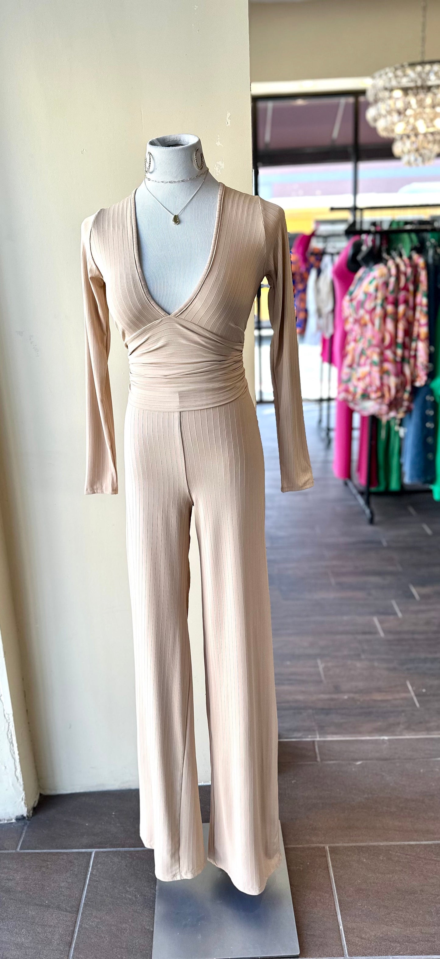 Deep V Neck Long Sleeve Top W Pants