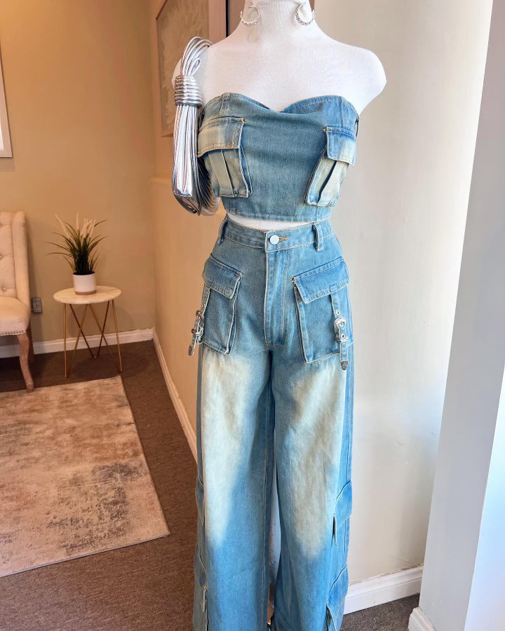 Denim Tube Top Pants Set