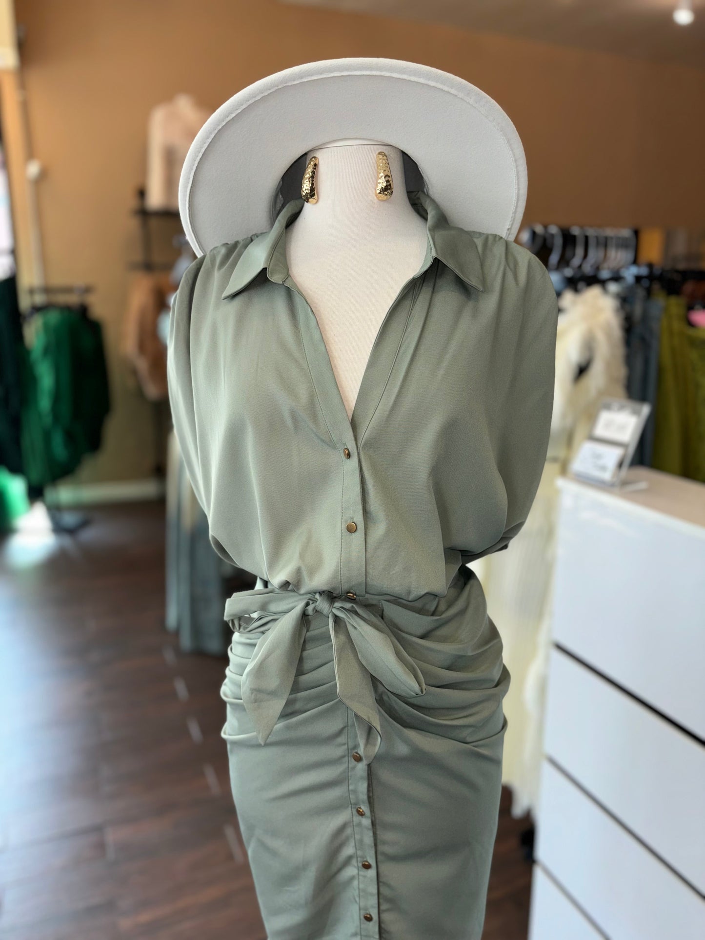 Sleeveless Front Tie Button Dress