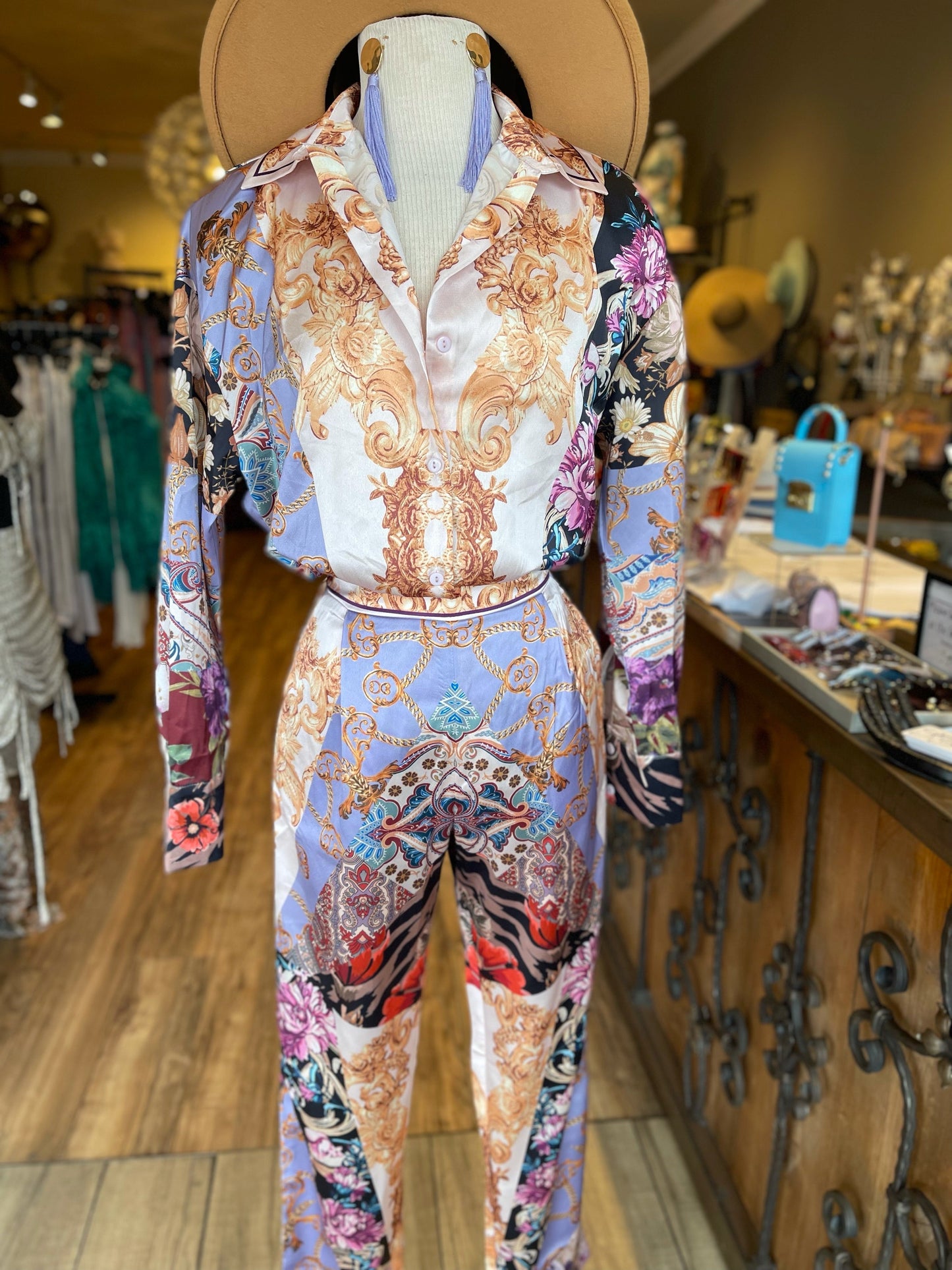 Satin Printed Button Down Pants Set FINAL SALE