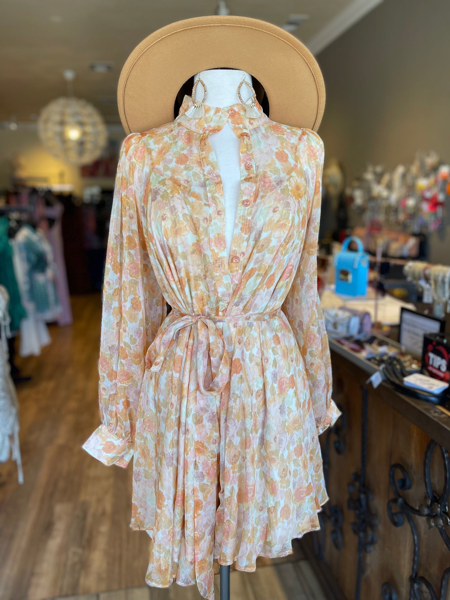 High Neck Belted Floral Chiffon