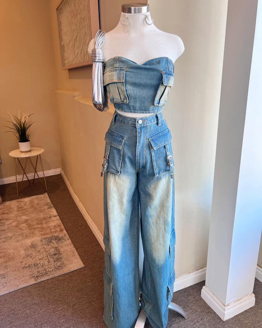 Denim Tube Top Pants Set
