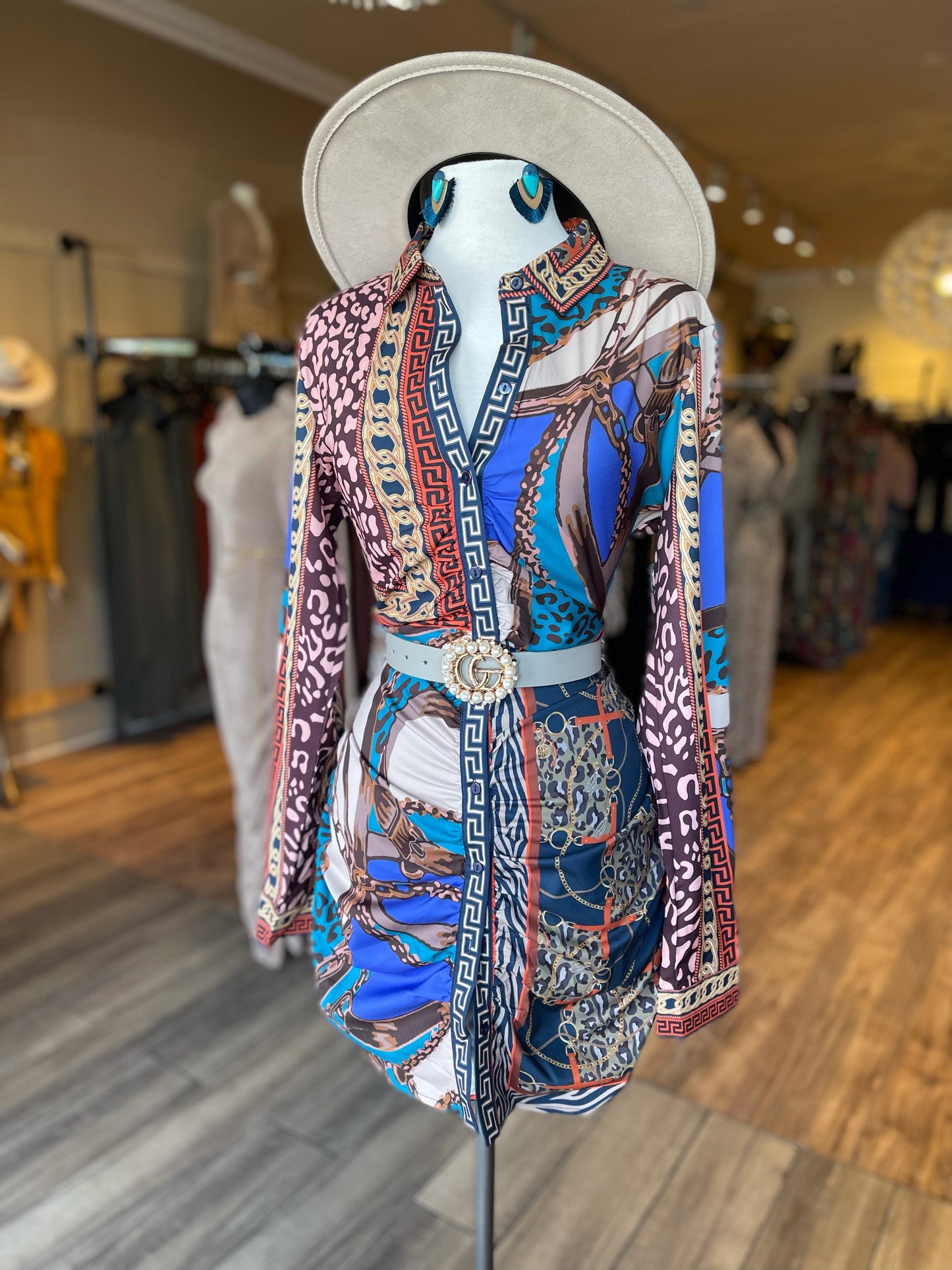 Pattern Long Sleeve Button Down Dress FINAL SALE