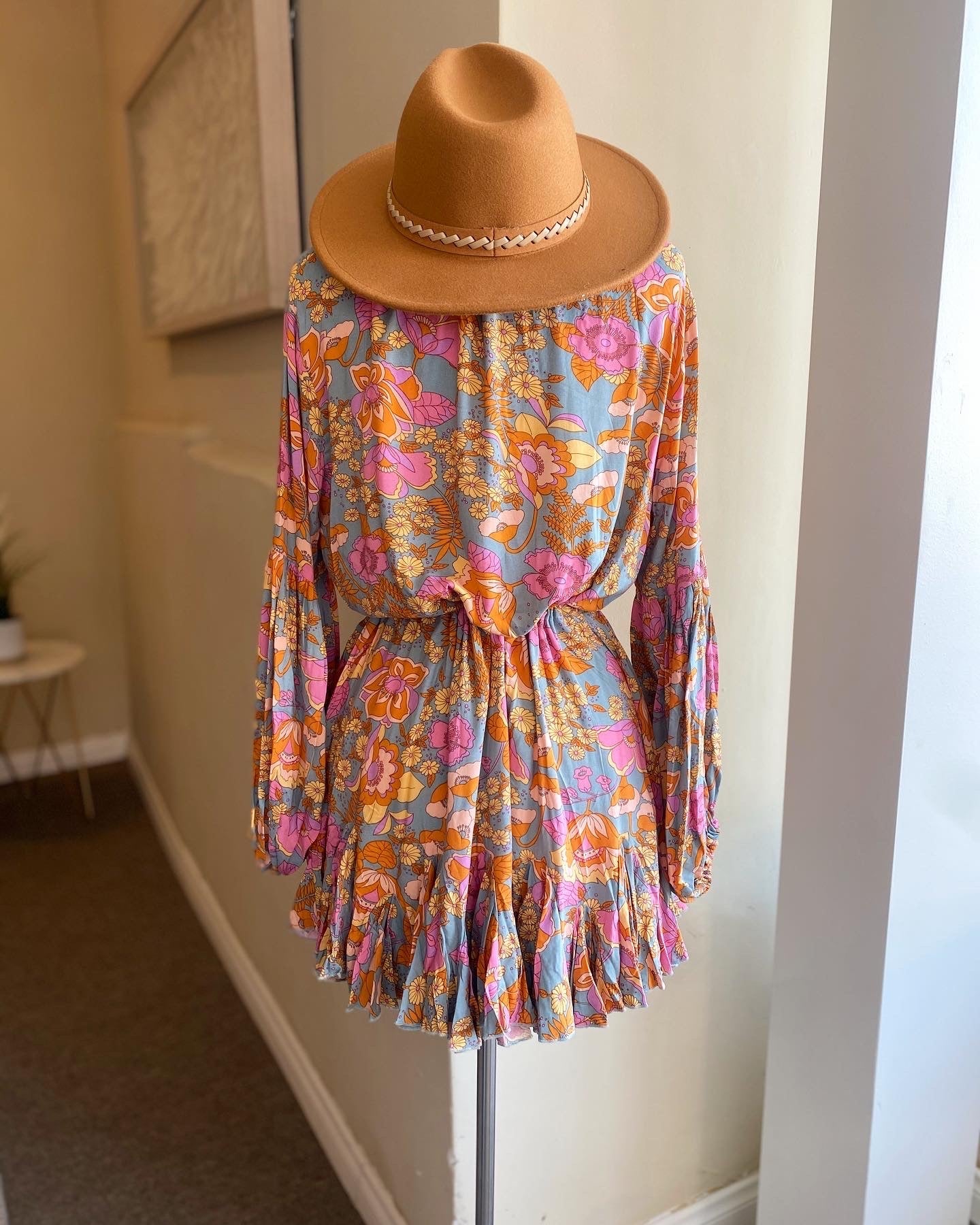 Puff Sleeve Tye Front Tassle Ruffle Dress