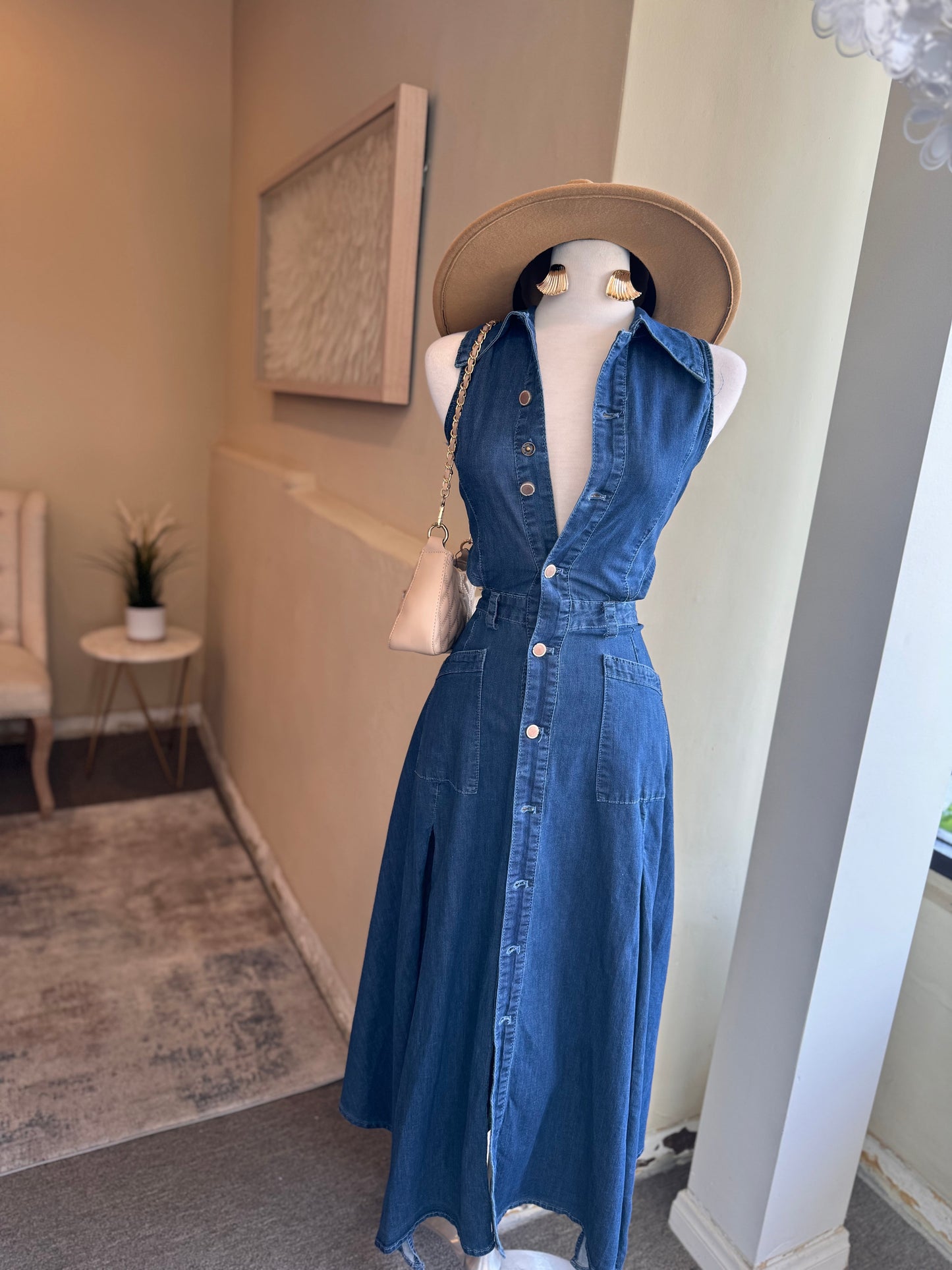 Denim Sleeveless Button Slit Dress