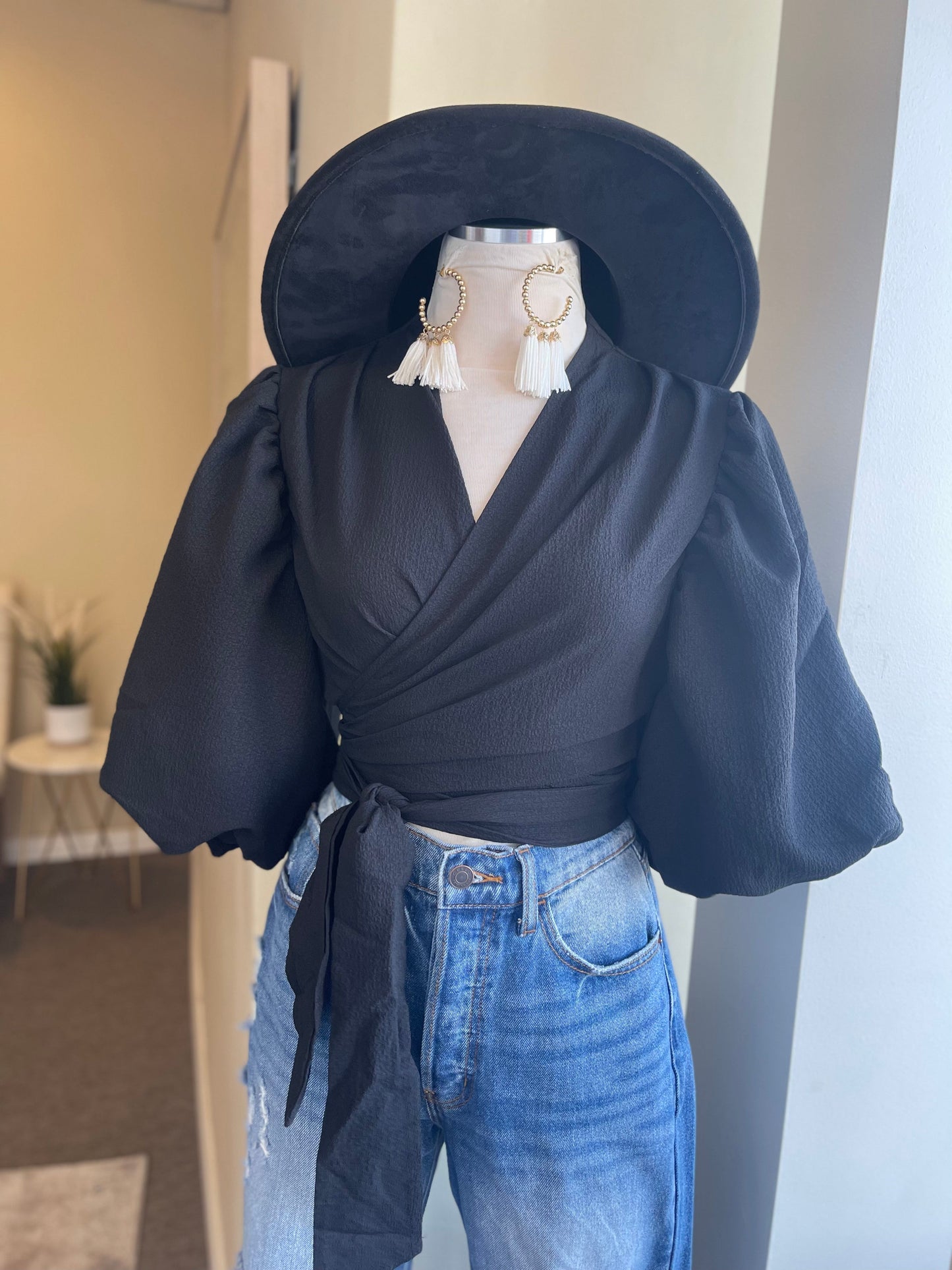 Pouf Sleeve Deep V Top