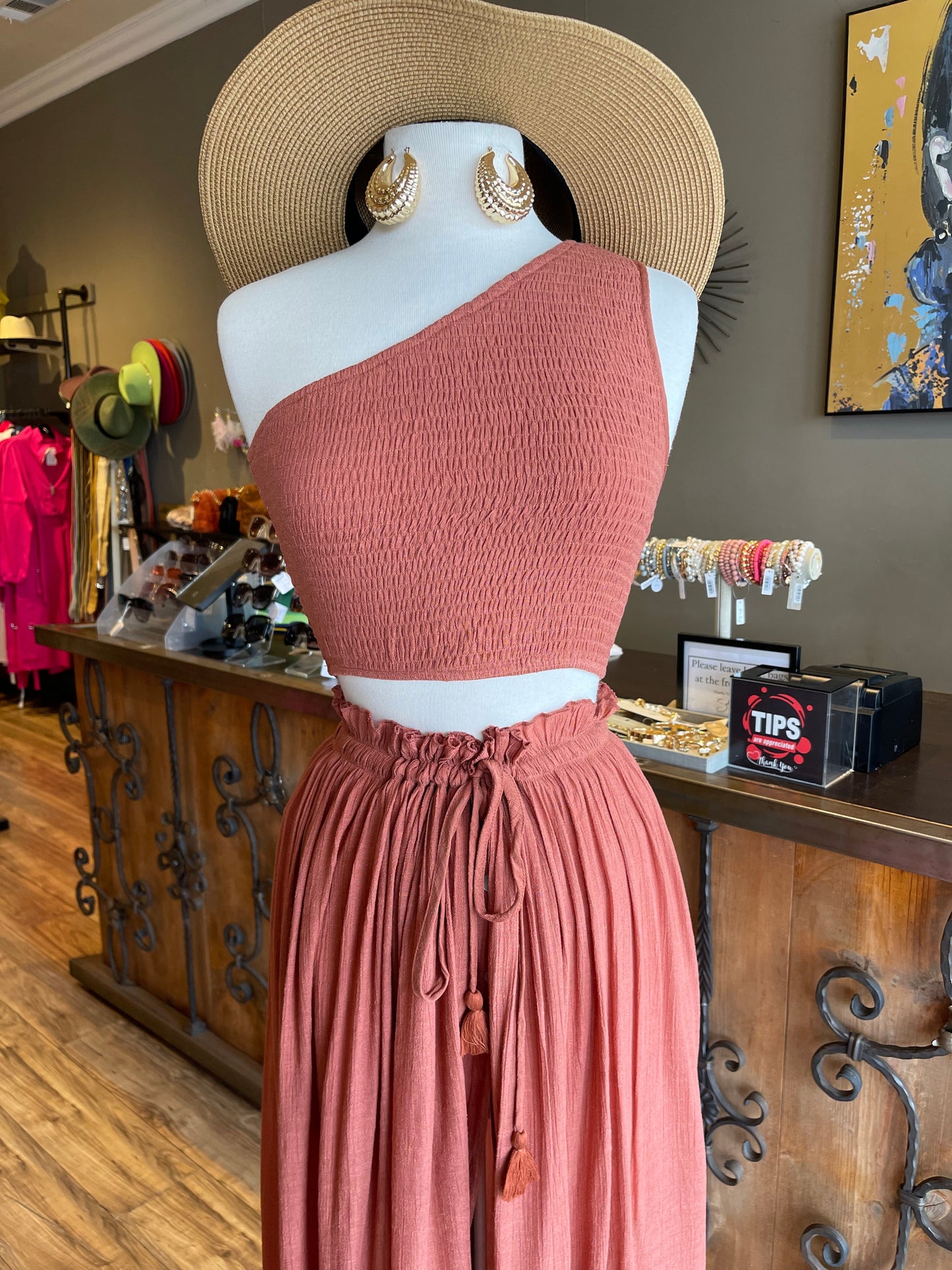 One Shoulder Smocked Top W Skirt Set