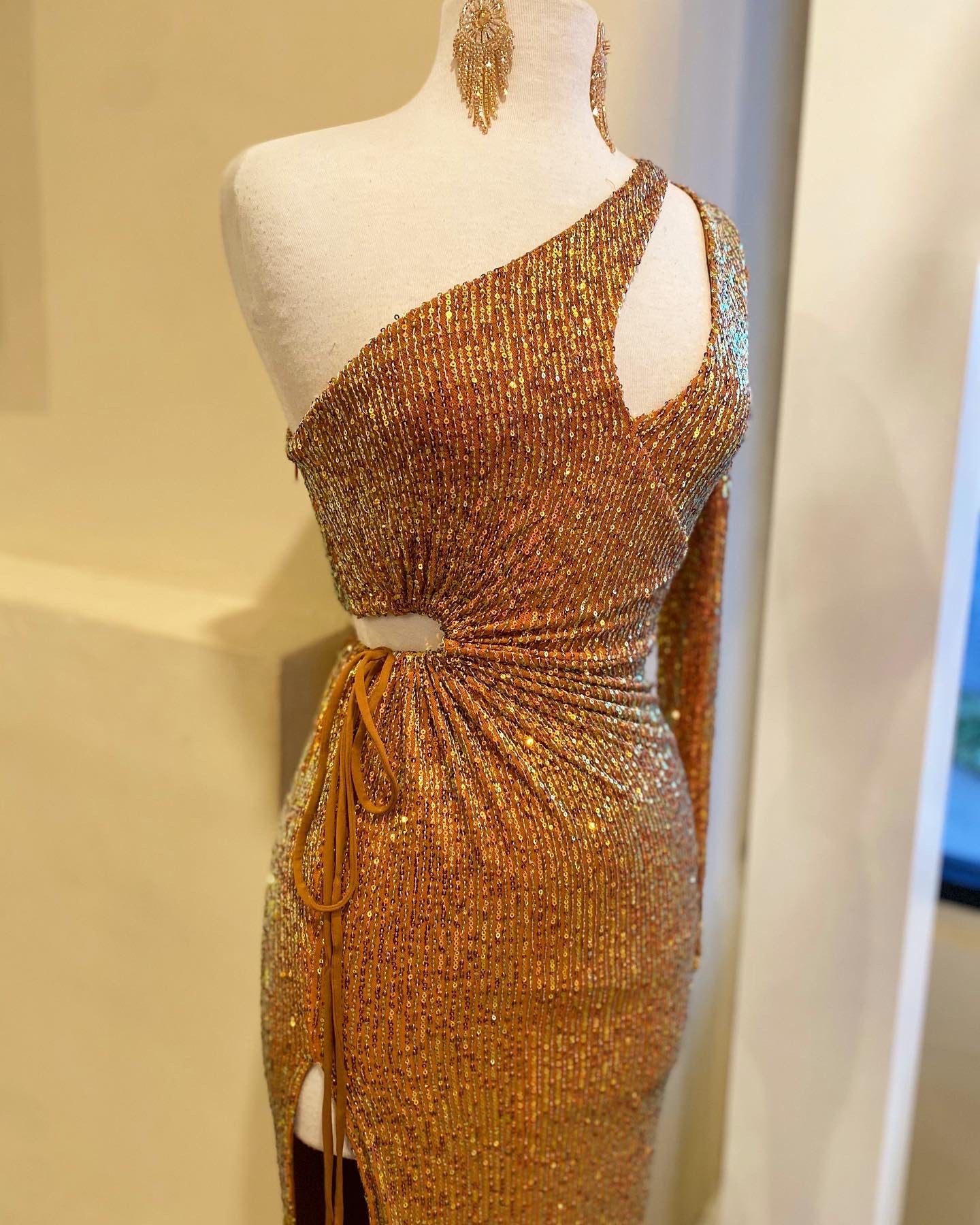 One Sleeve Sparkle Cutout Dress