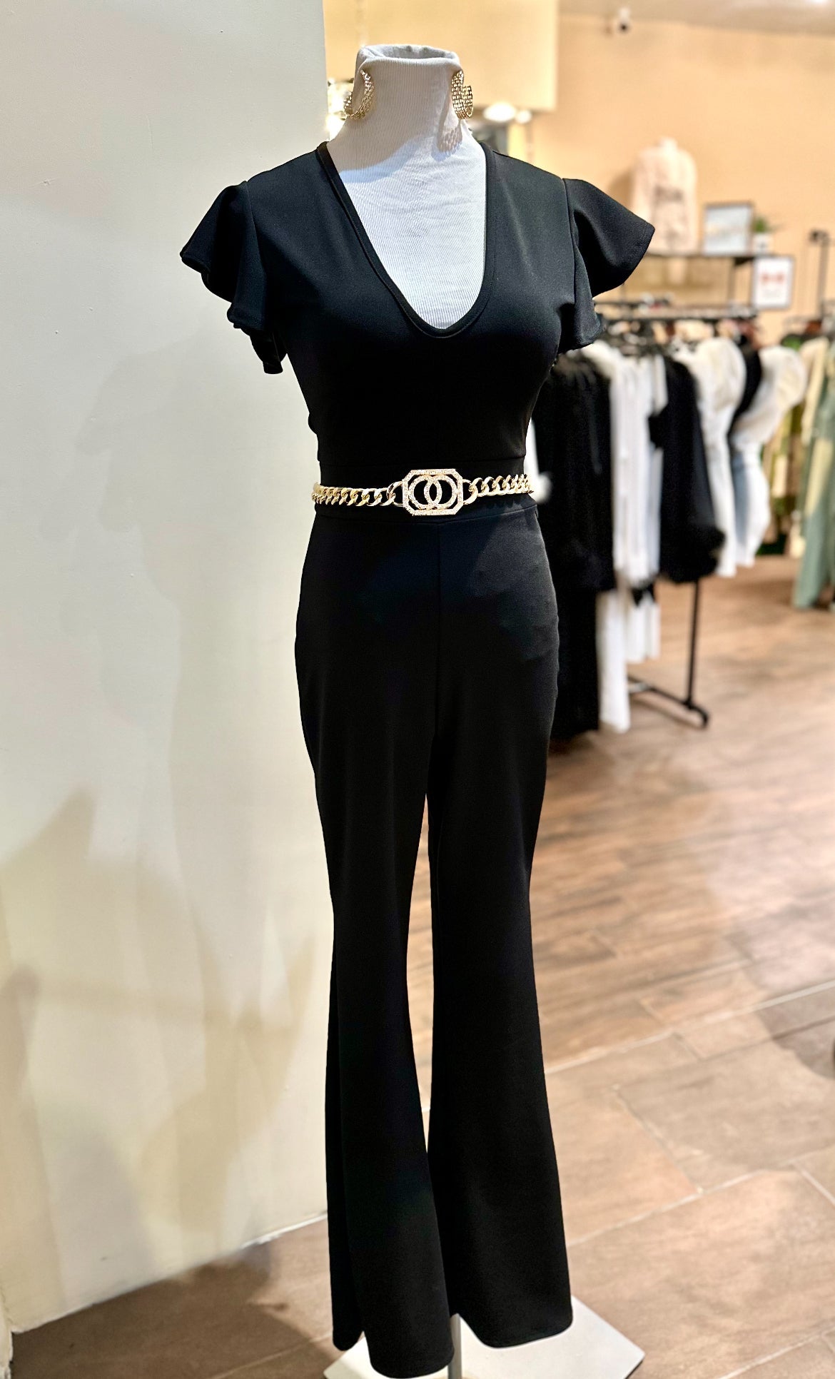 Deep V Neck Sleeveless Ruffle Shoulder Jumpsuit