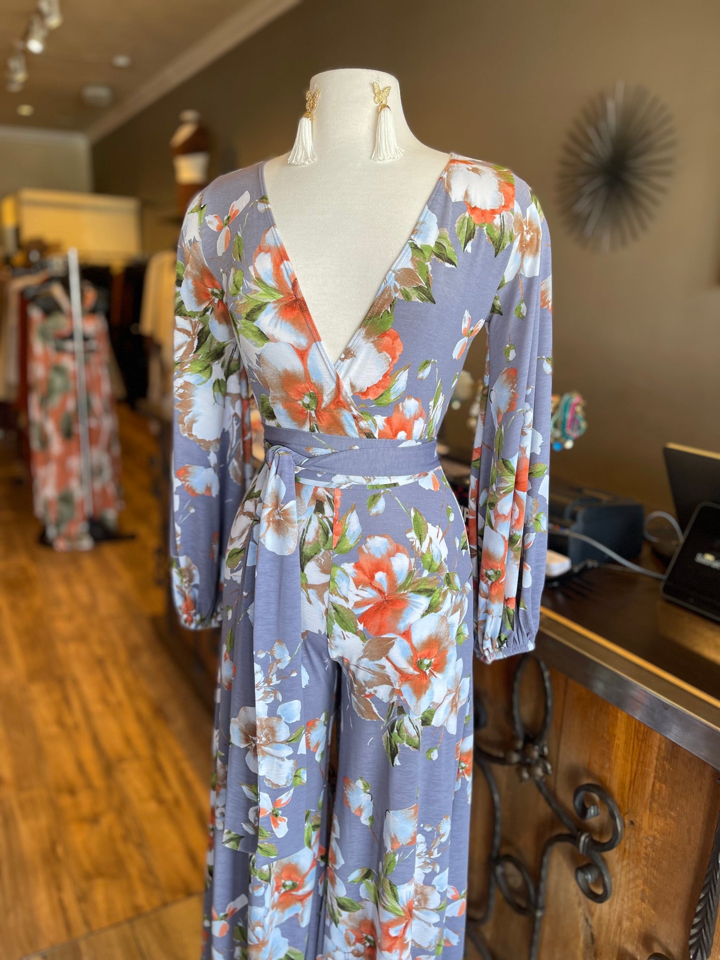 Wide Leg Long Sleeve Waist Tie Jumpsuit