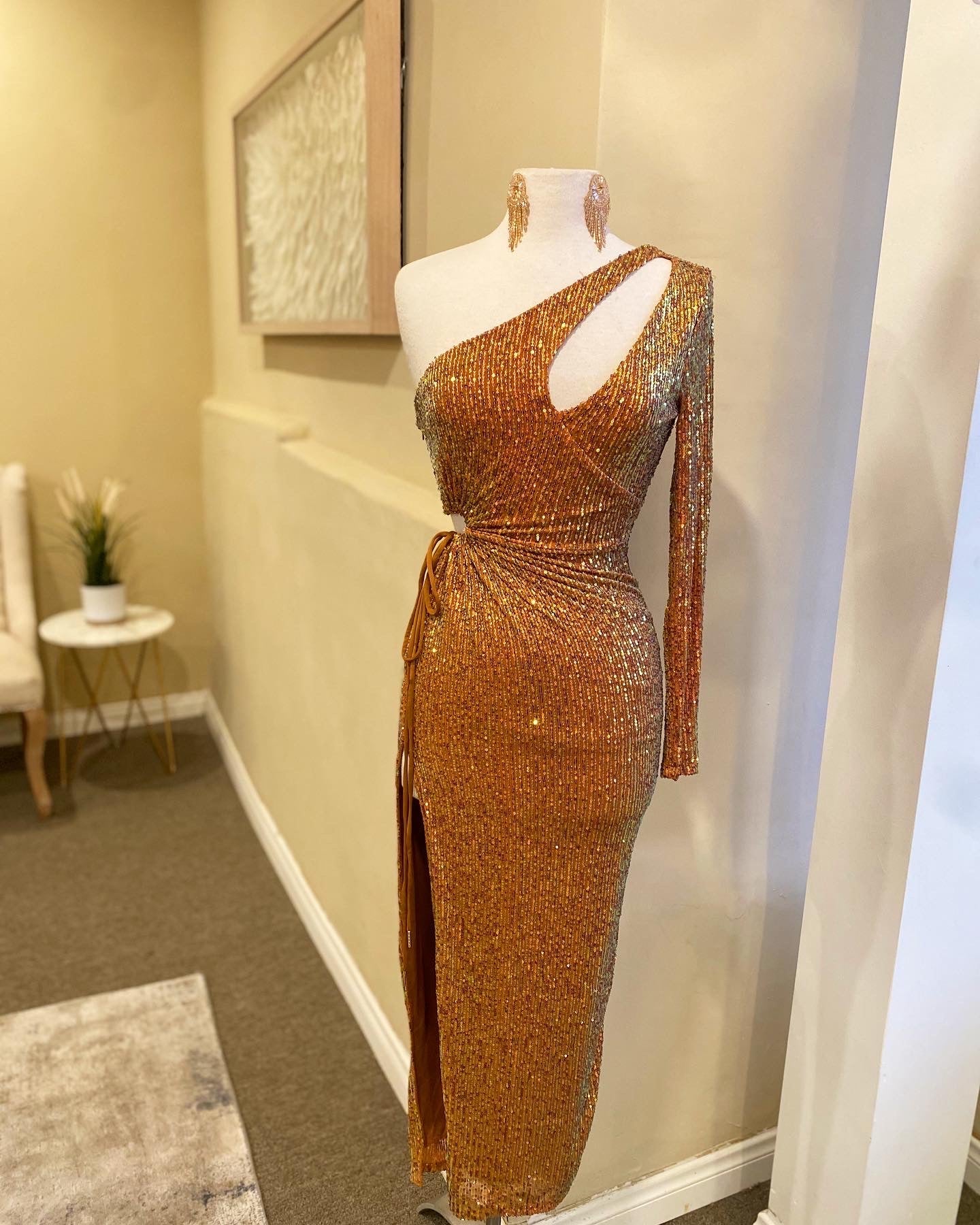 One Sleeve Sparkle Cutout Dress