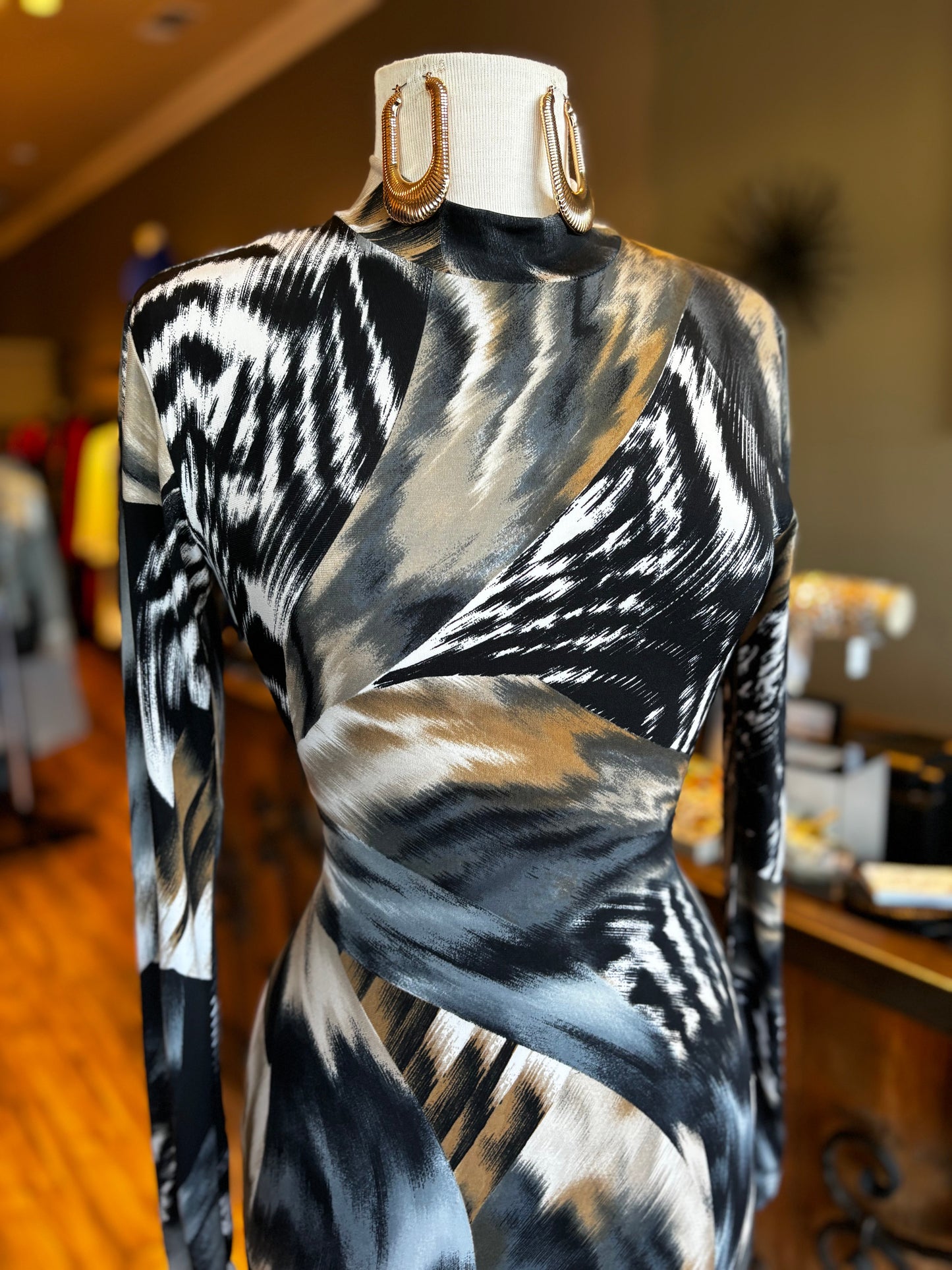 Print Collar Long Sleeve Dress