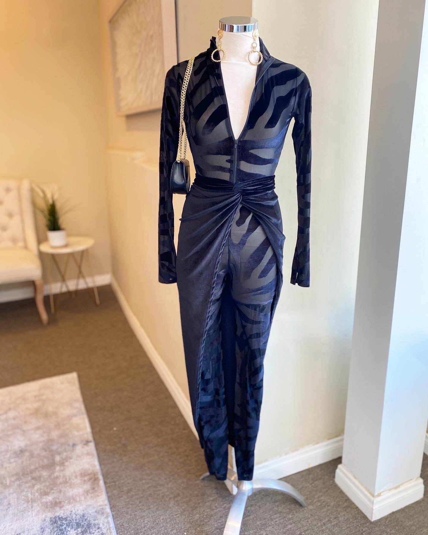 Velvet Zipper Back Jumpsuit w Cover Skirt
