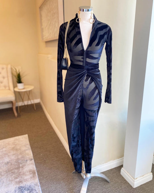 Velvet Zipper Back Jumpsuit w Cover Skirt