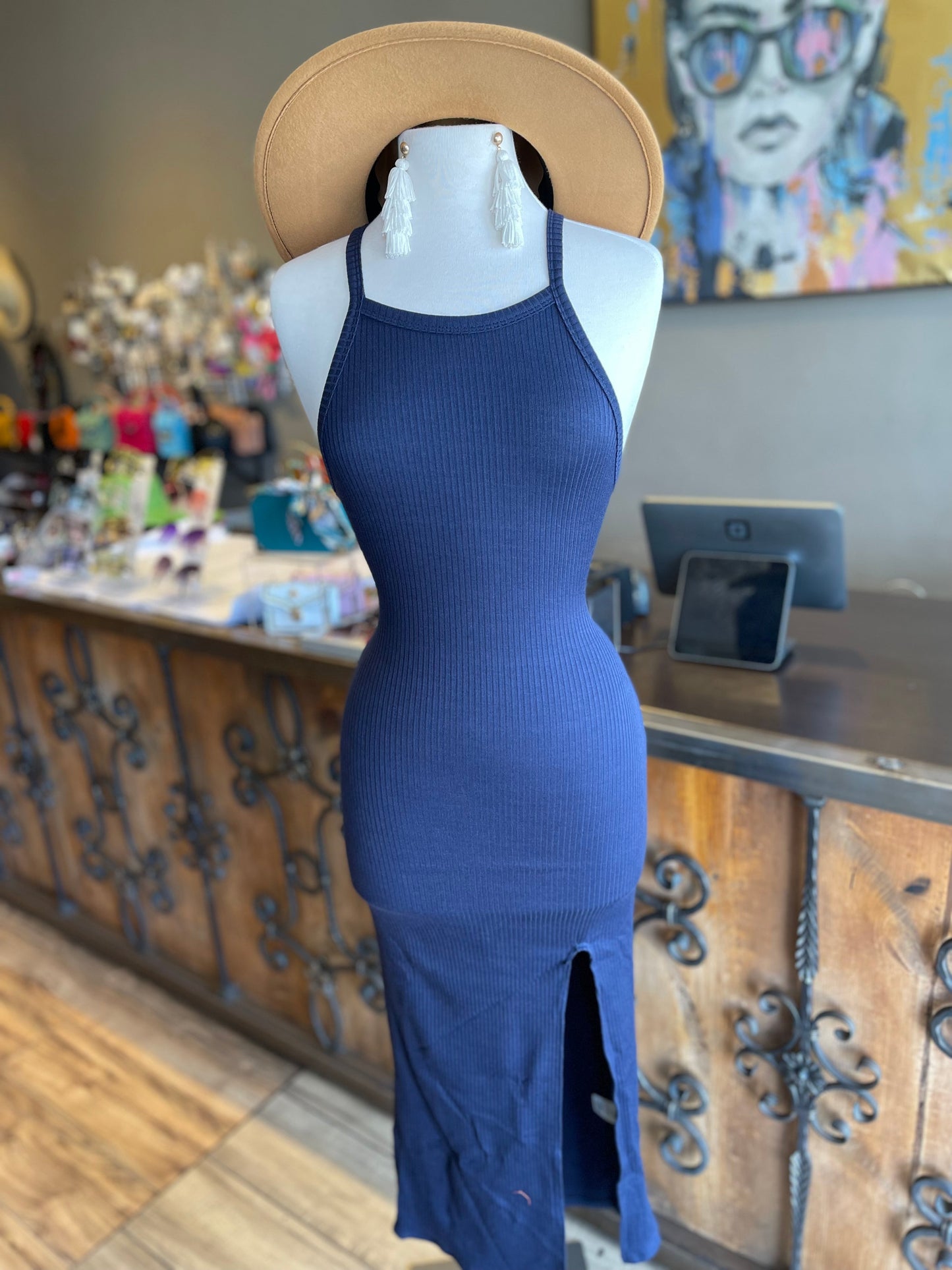 Knit Rib Strap Shoulder Side Slit Dress FINAL SALE