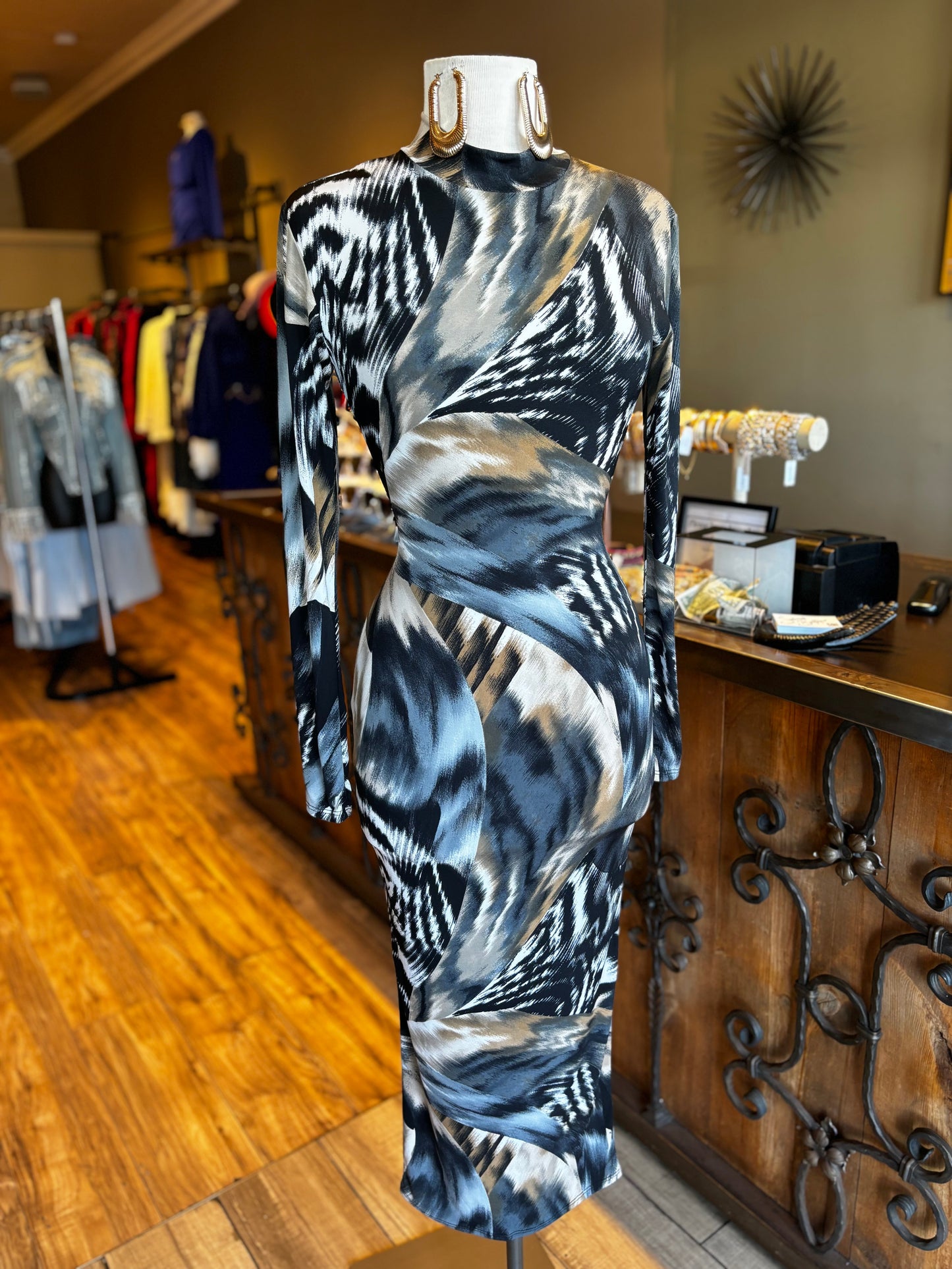 Print Collar Long Sleeve Dress