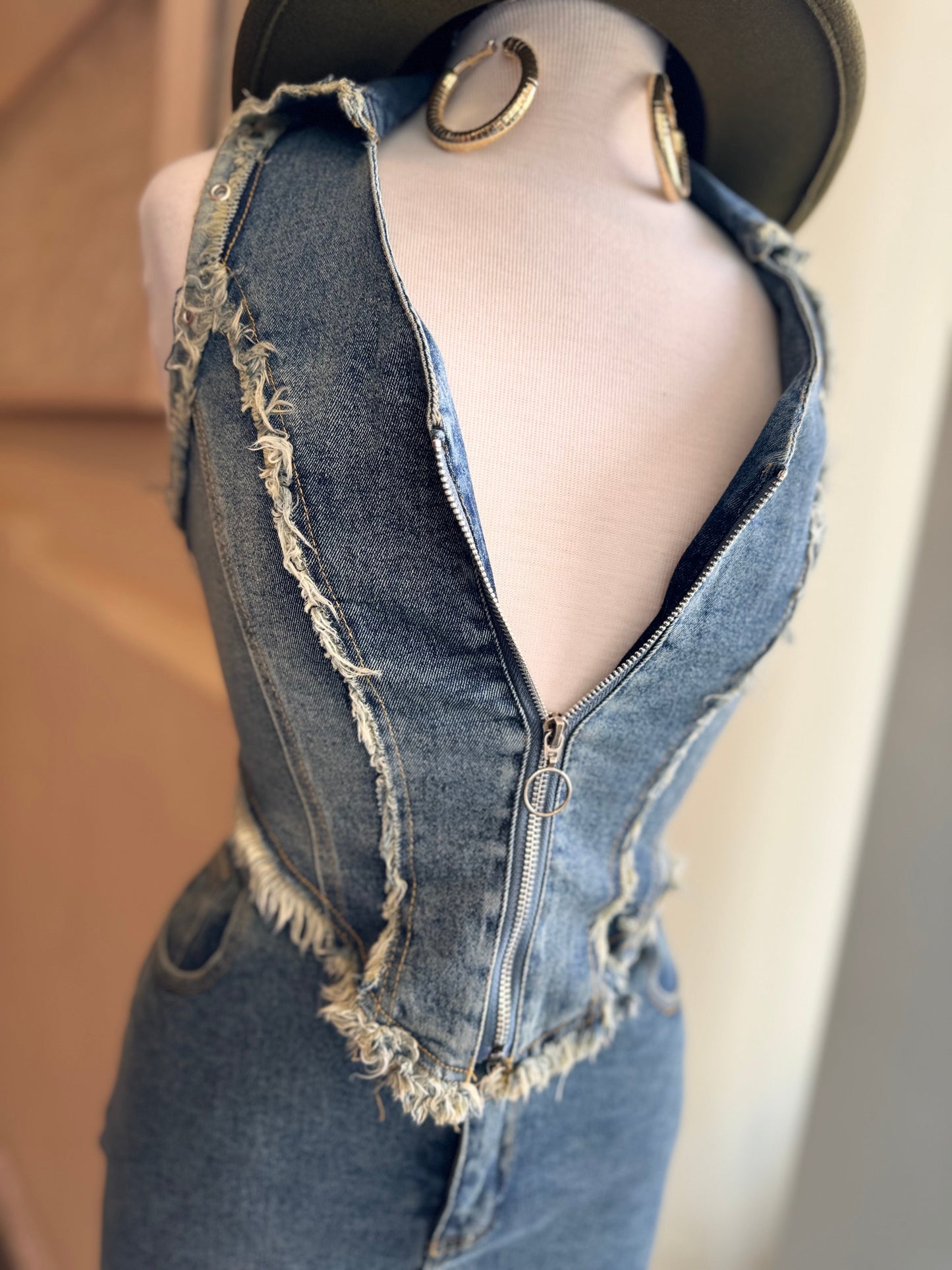 Denim Sleeveless Crop & Front Slit Skirt