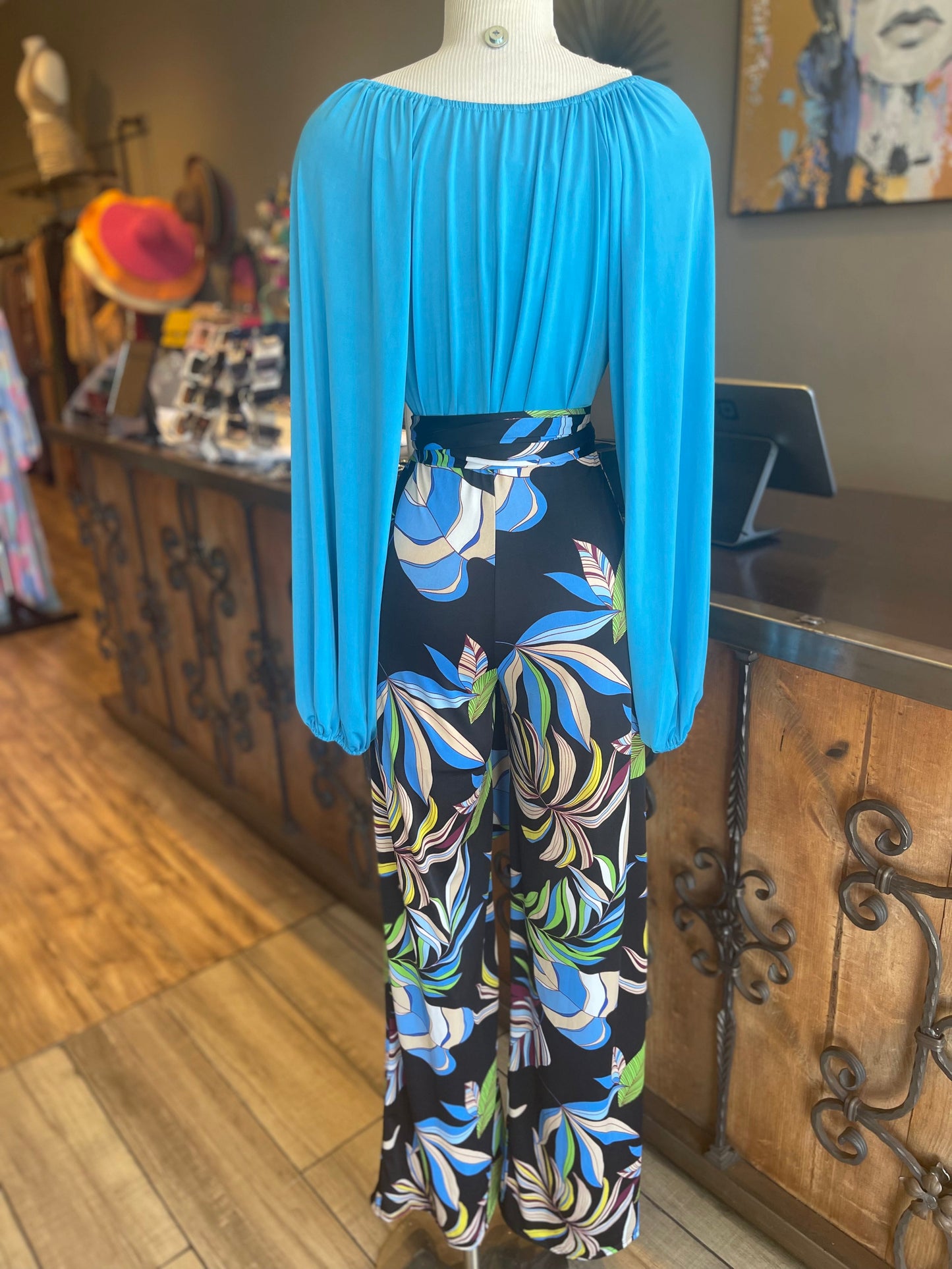 Tie Long Sleeve Print Jumpsuit