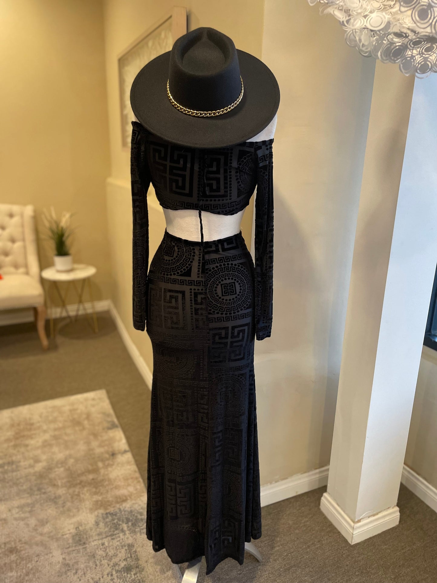Printed Mesh Cut Out Maxi Dress