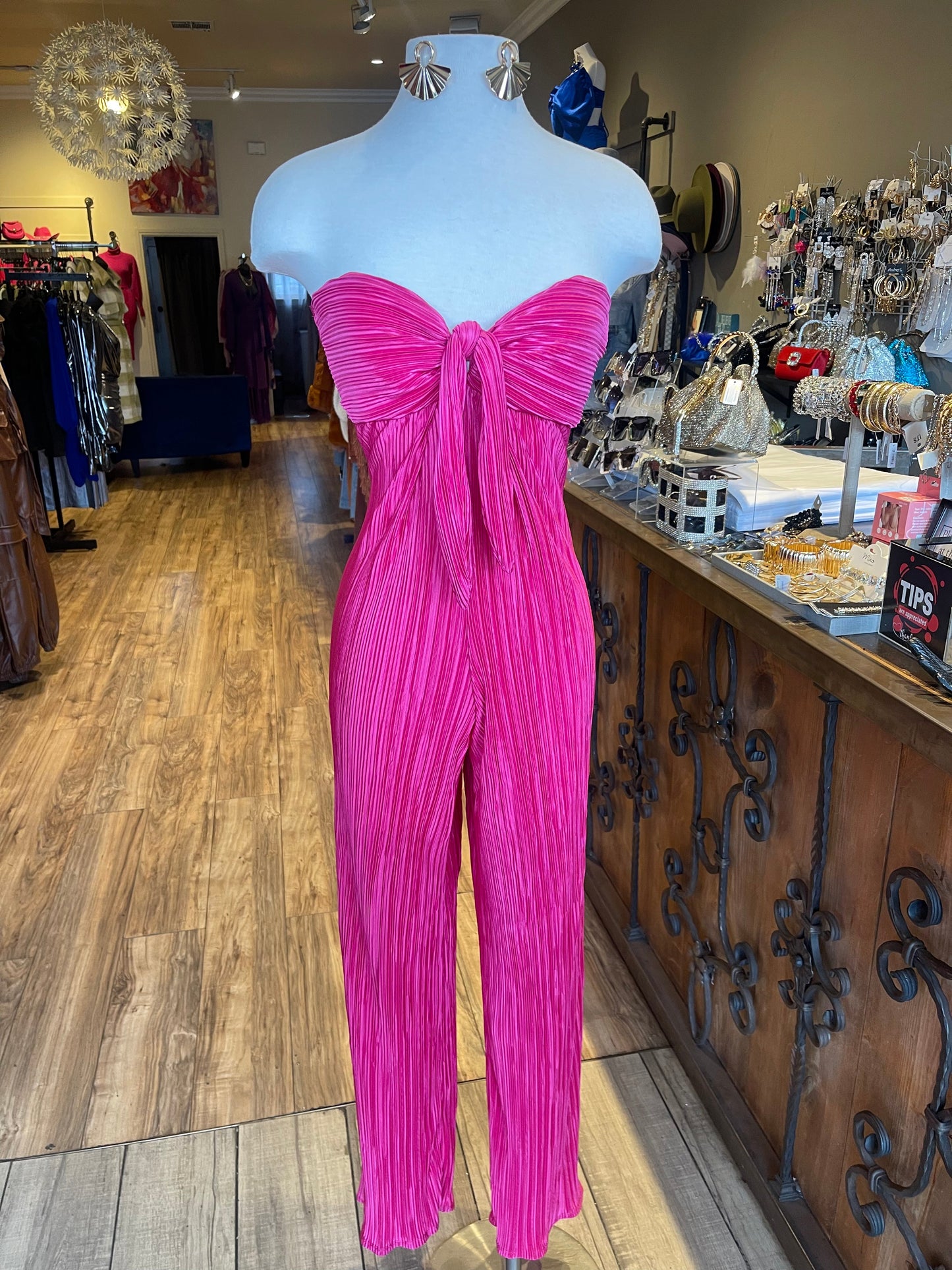 Pleated Front Tie Tube Jumpsuit