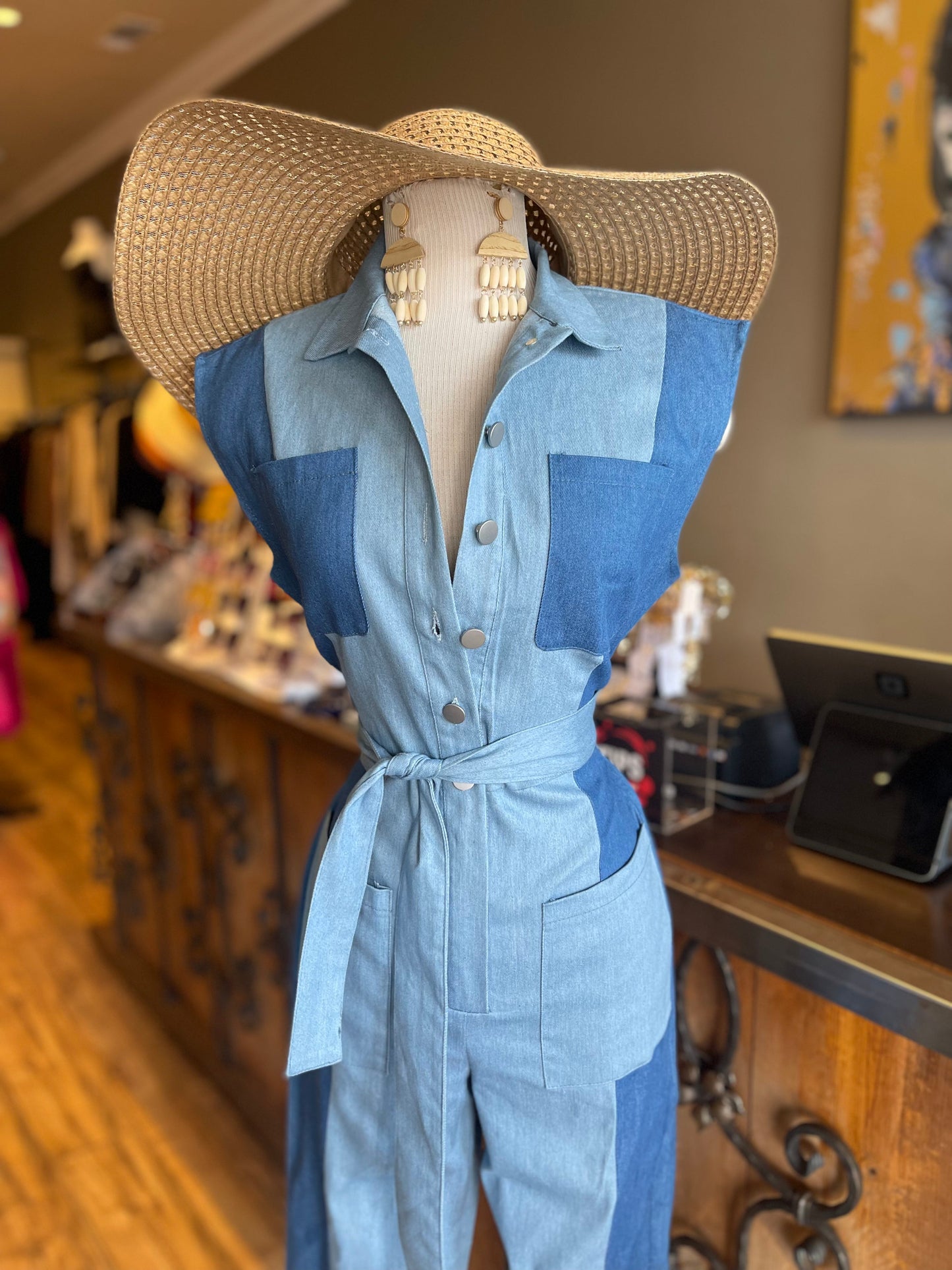 Front Button Sleeveless Waist Tye Jumpsuit