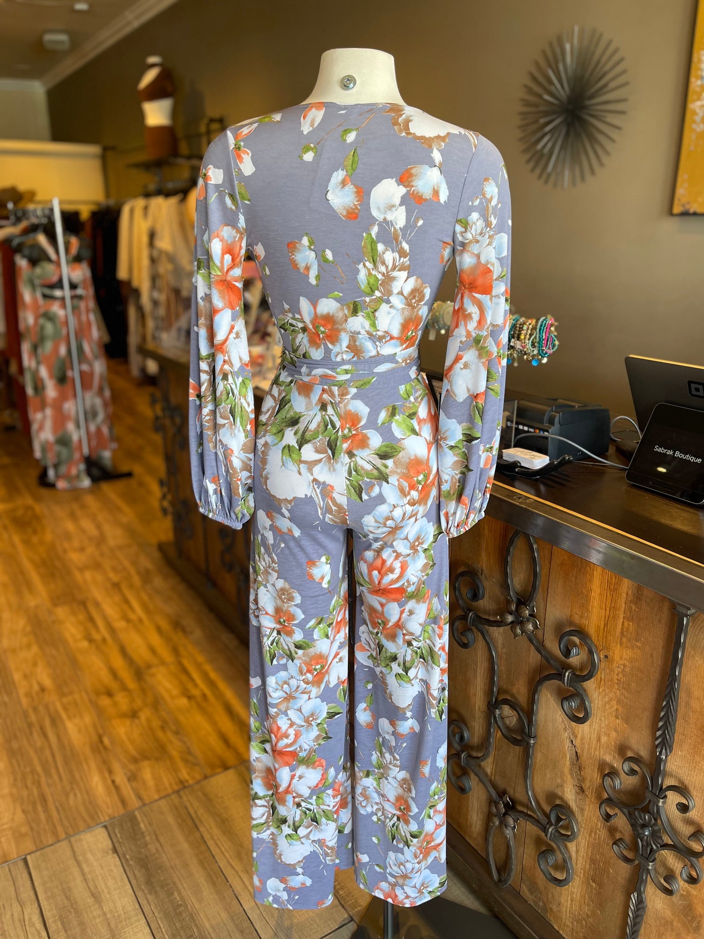 Wide Leg Long Sleeve Waist Tie Jumpsuit