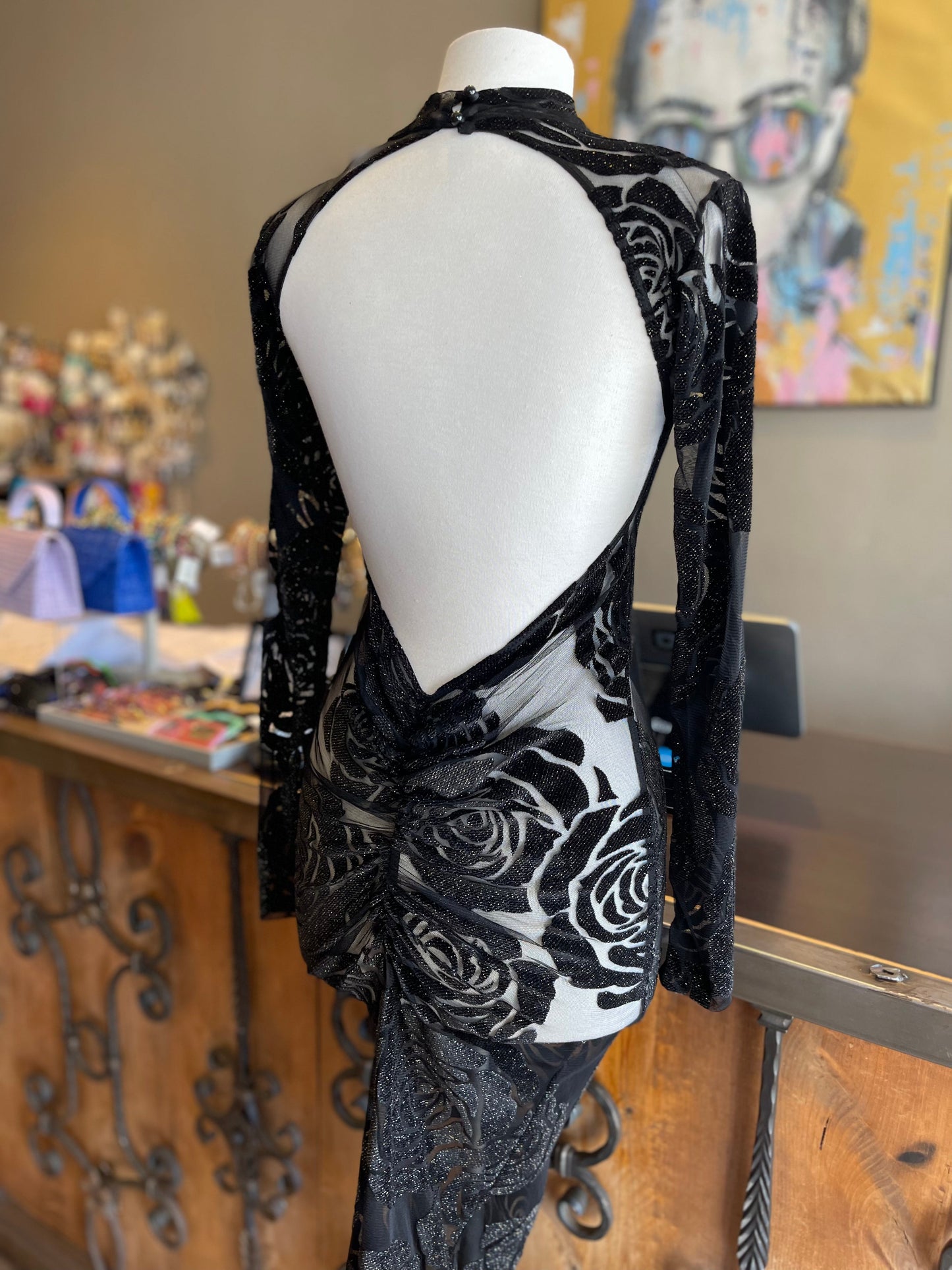 Mesh Velvet Foil Open Back Dress