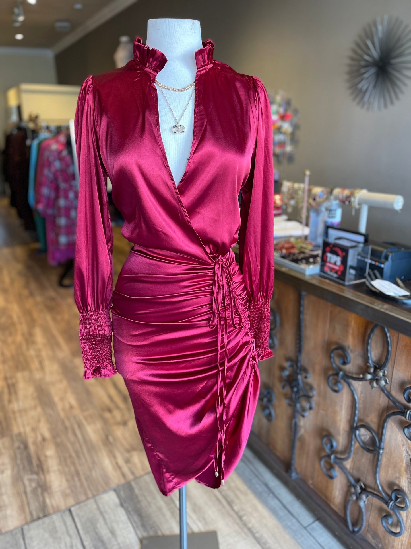 Scrunge Wrist Ruffle Neck Dress