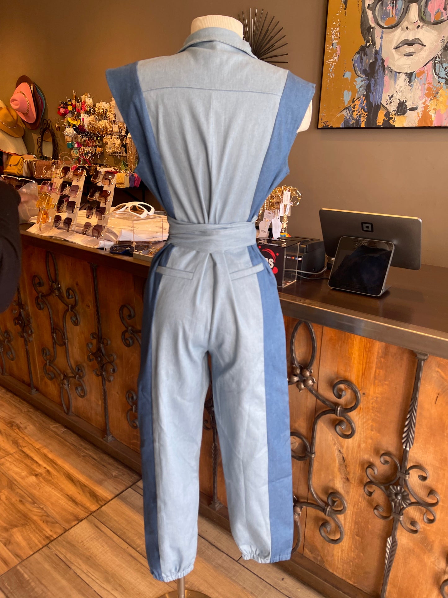 Front Button Sleeveless Waist Tye Jumpsuit