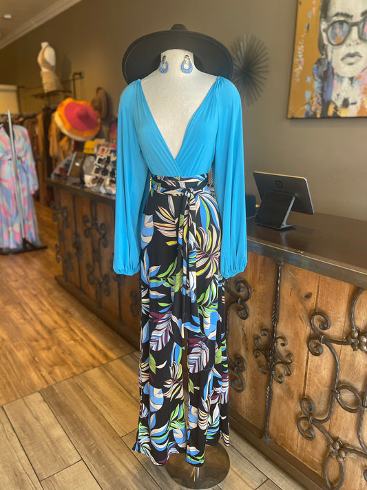 Tie Long Sleeve Print Jumpsuit