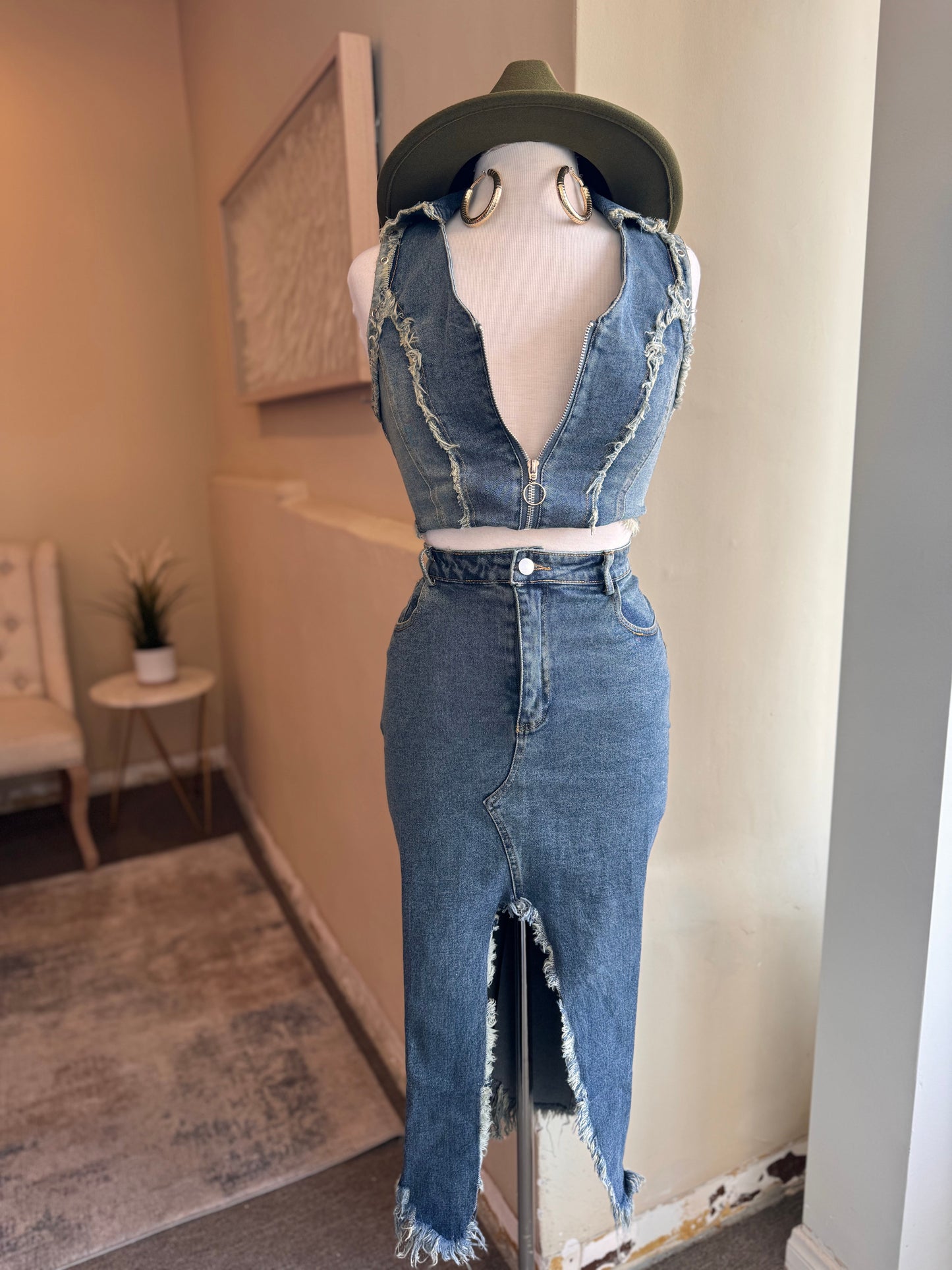 Denim Sleeveless Crop & Front Slit Skirt