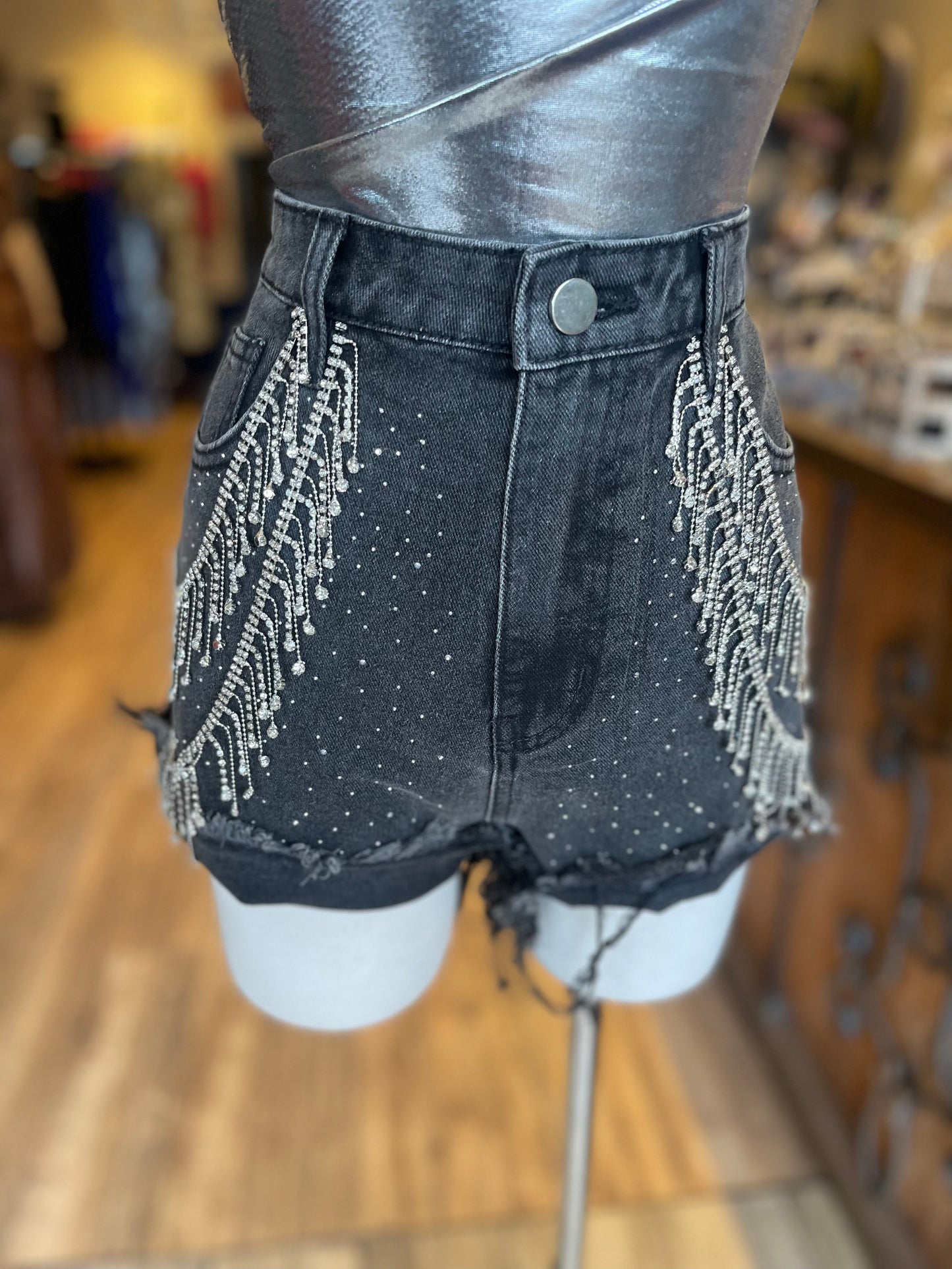 Sparkle Stone Fringe Denim Shorts