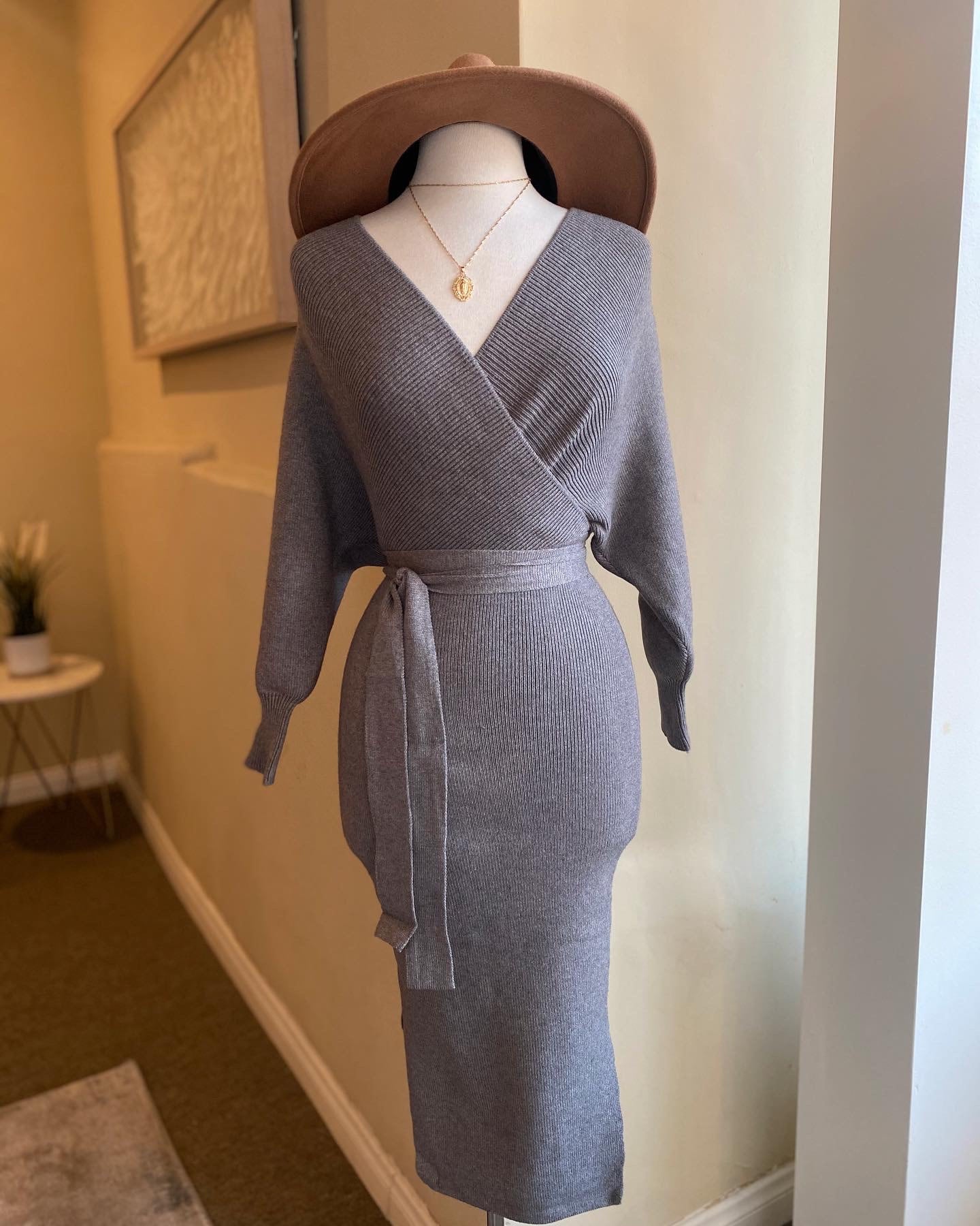 V Cut Ribbed Sweater Dress