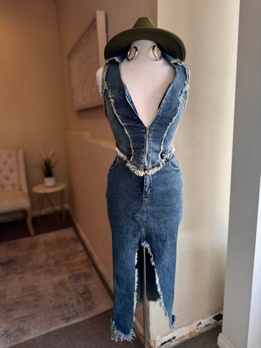 Denim Sleeveless Crop & Front Slit Skirt
