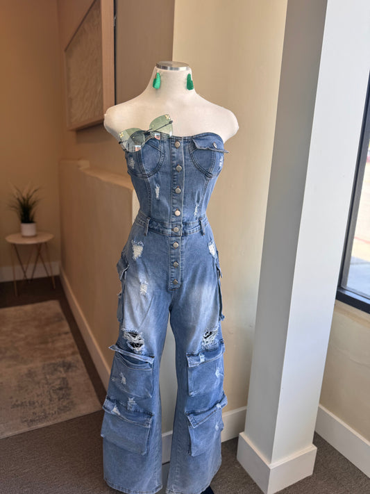 Cargo Tube Denim Jumpsuit