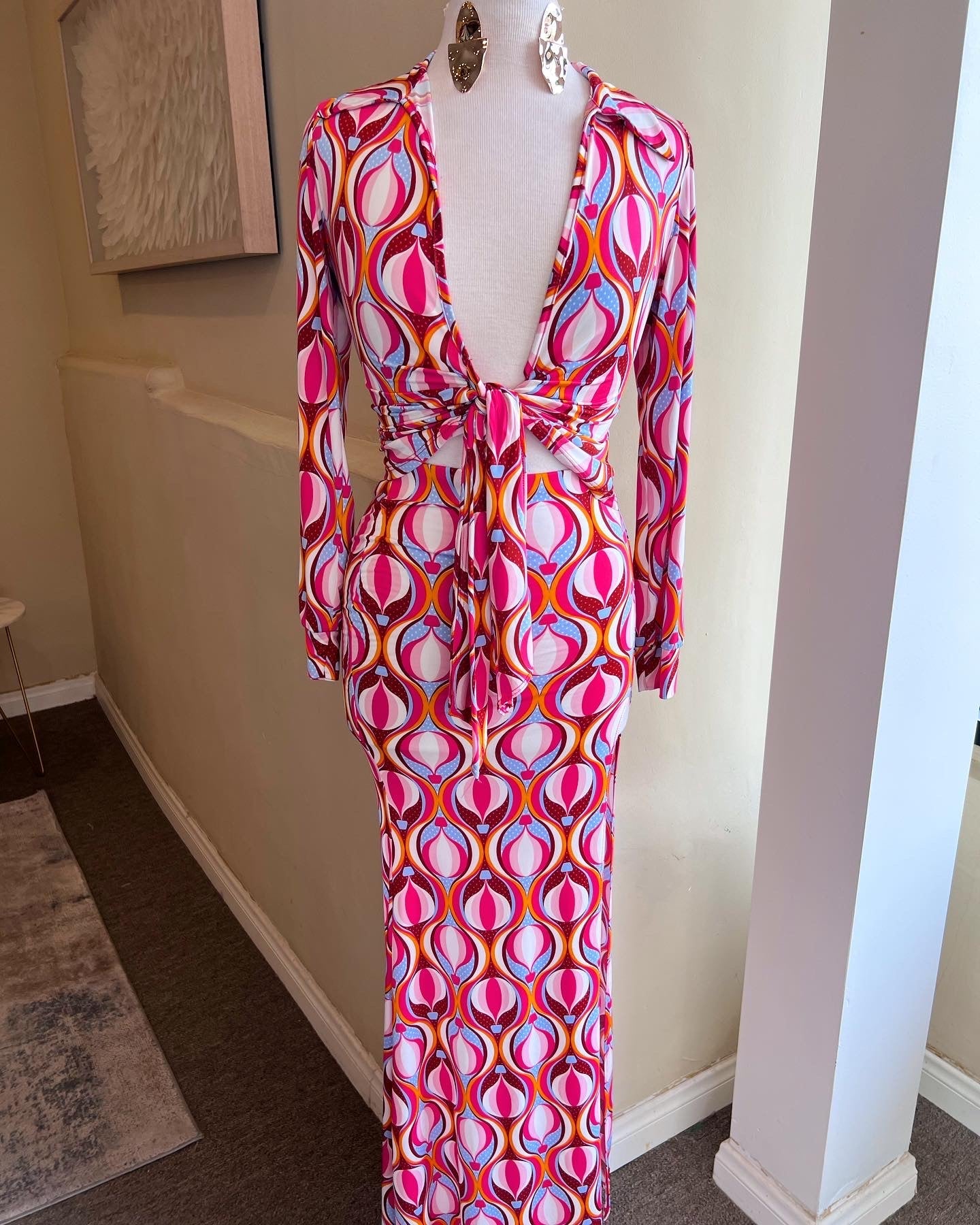 Printed Front Tie Blouse & Slit Skirt