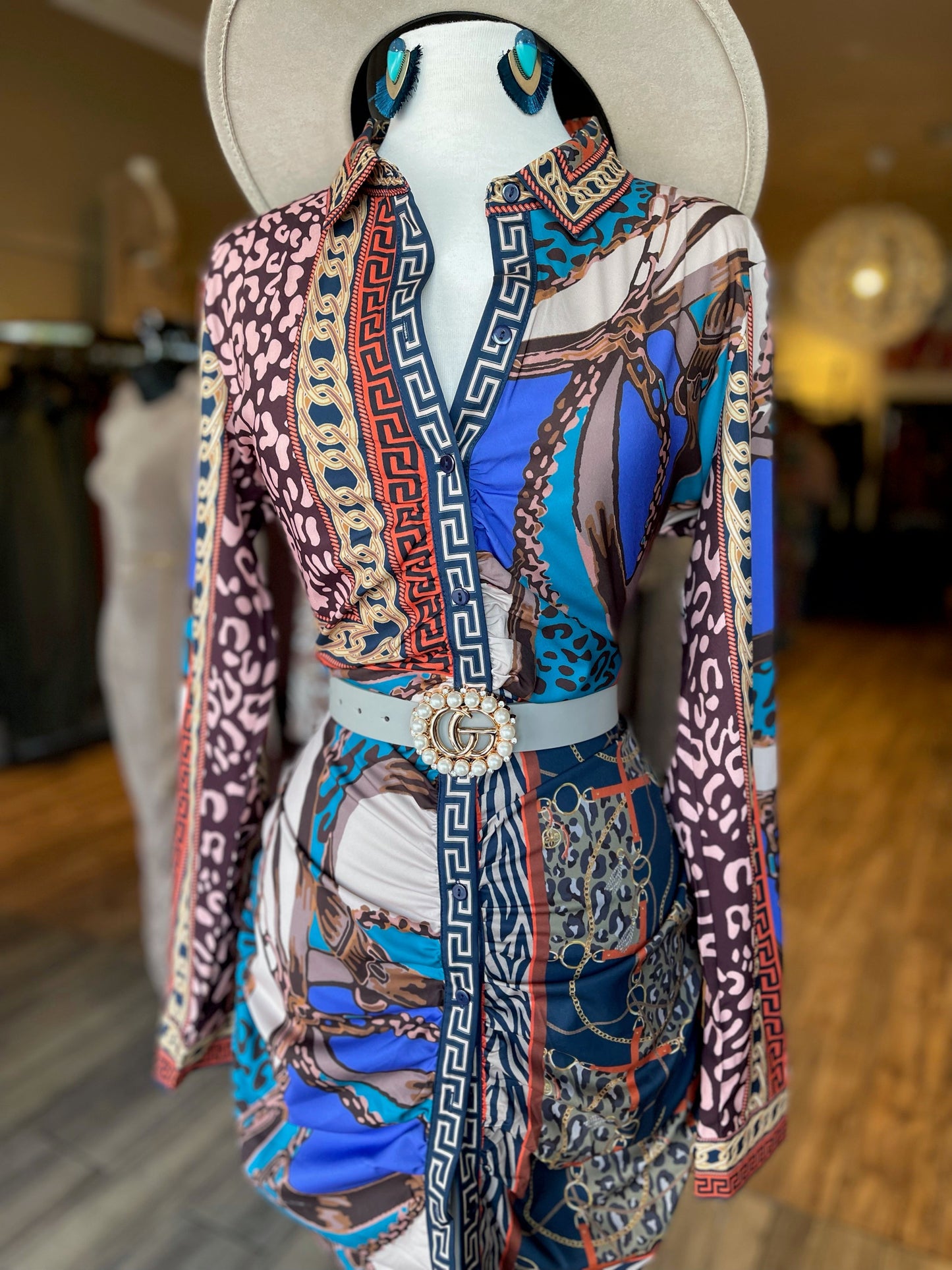 Pattern Long Sleeve Button Down Dress FINAL SALE
