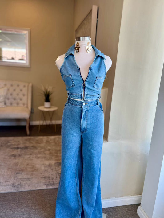 Denim Sleeveless Crop Top and Pants