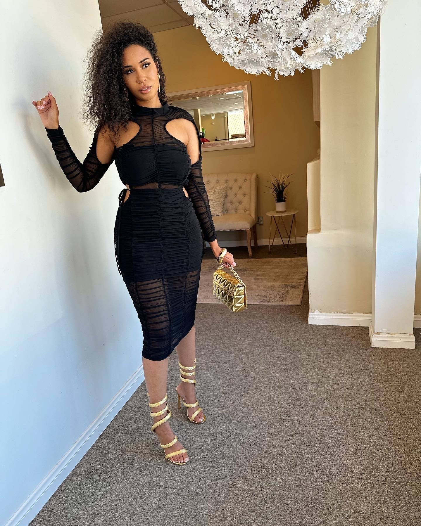 Ruched Mesh MIDI Dress