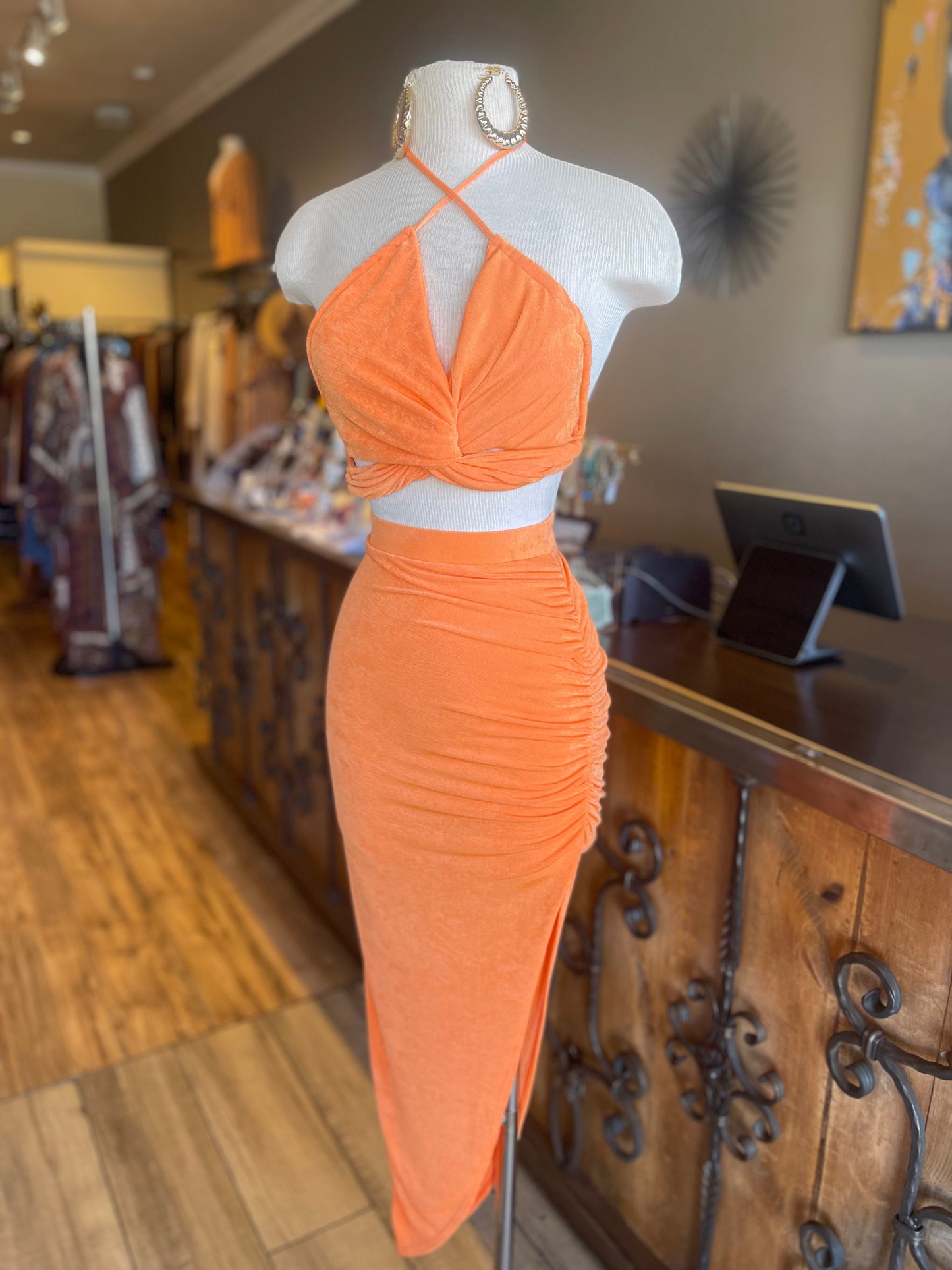 Bra Top Scrunge Slit Skirt Set
