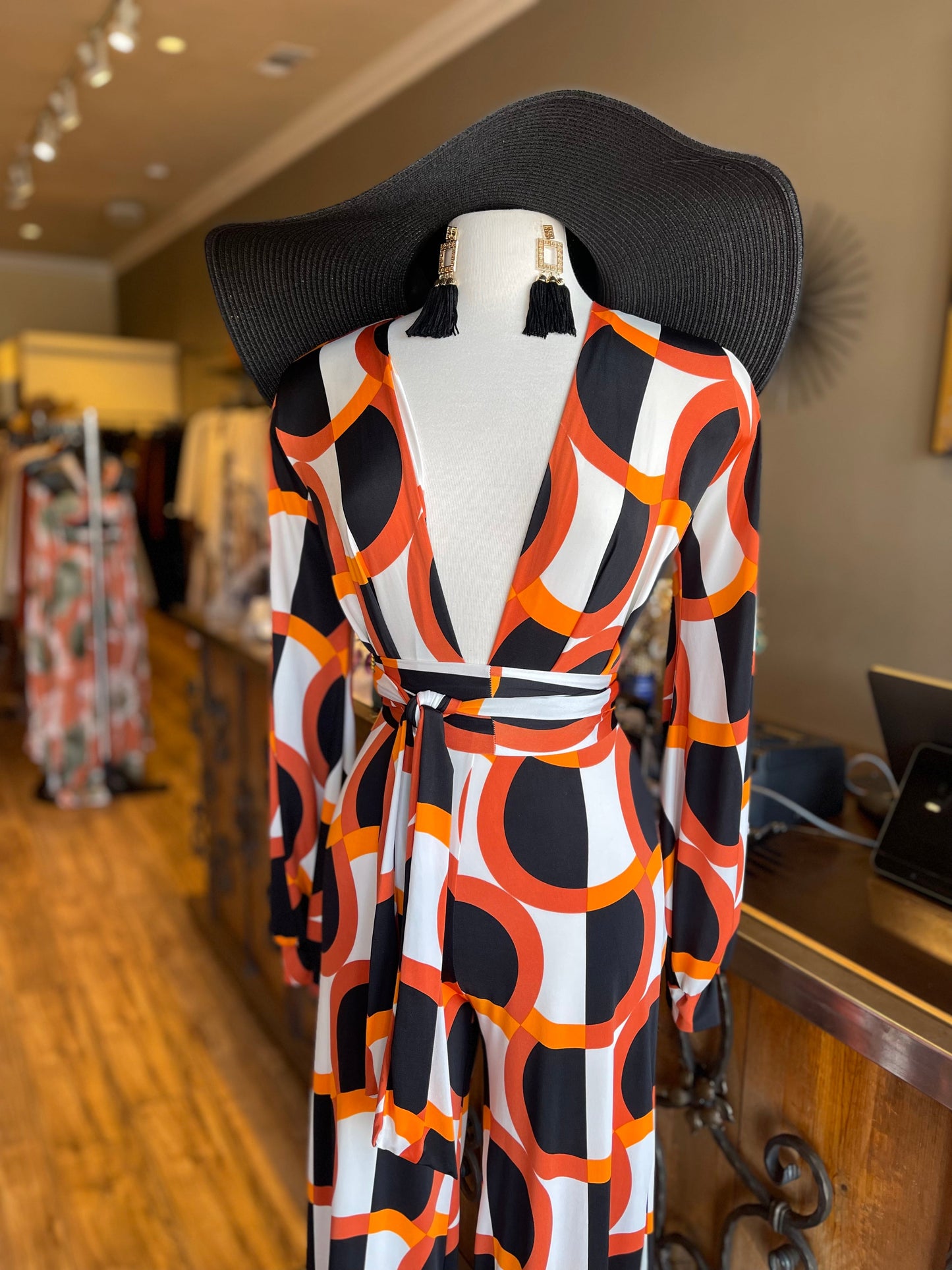 Long Sleeve Deep V Wide Leg Jumpsuit