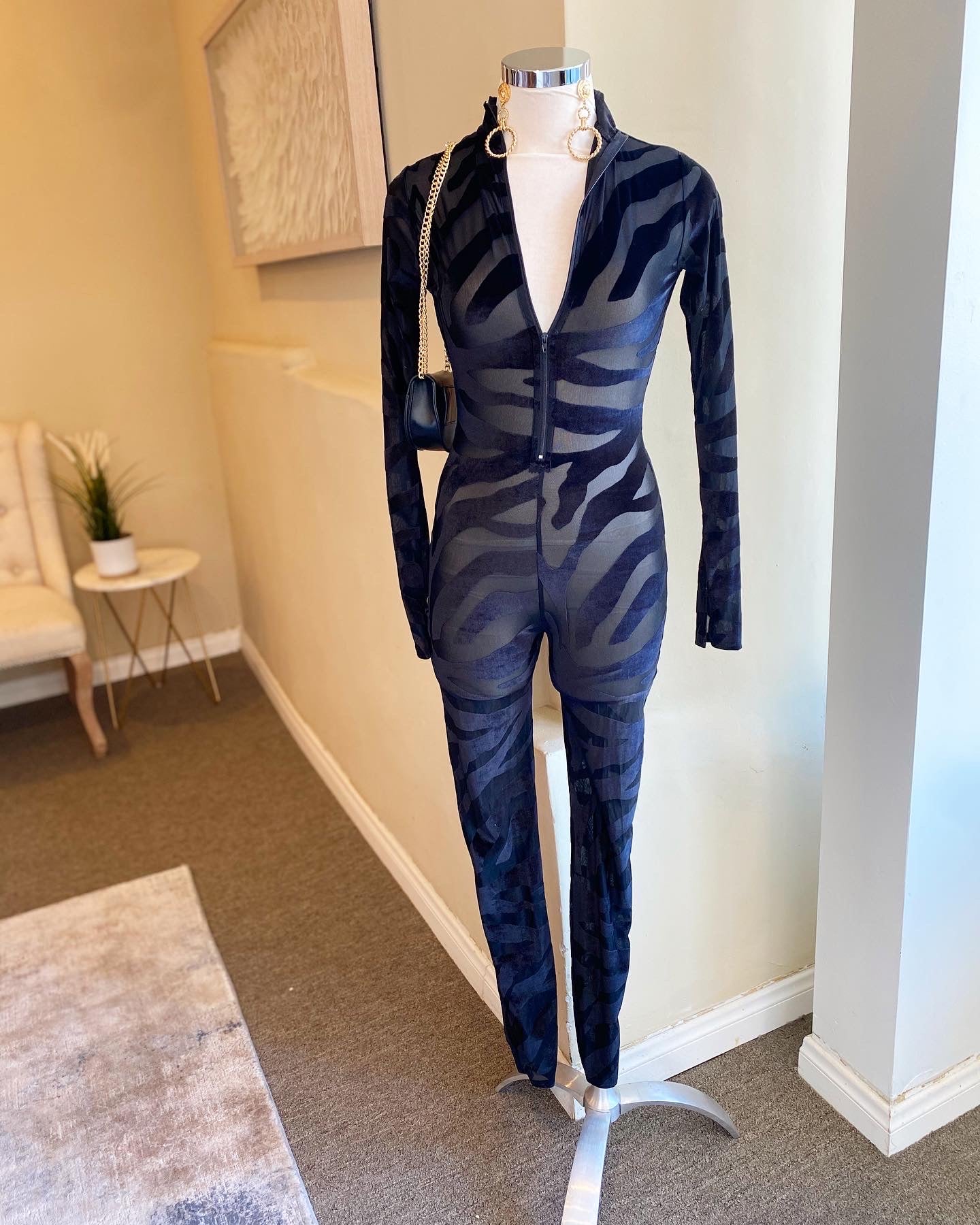 Velvet Zipper Back Jumpsuit w Cover Skirt