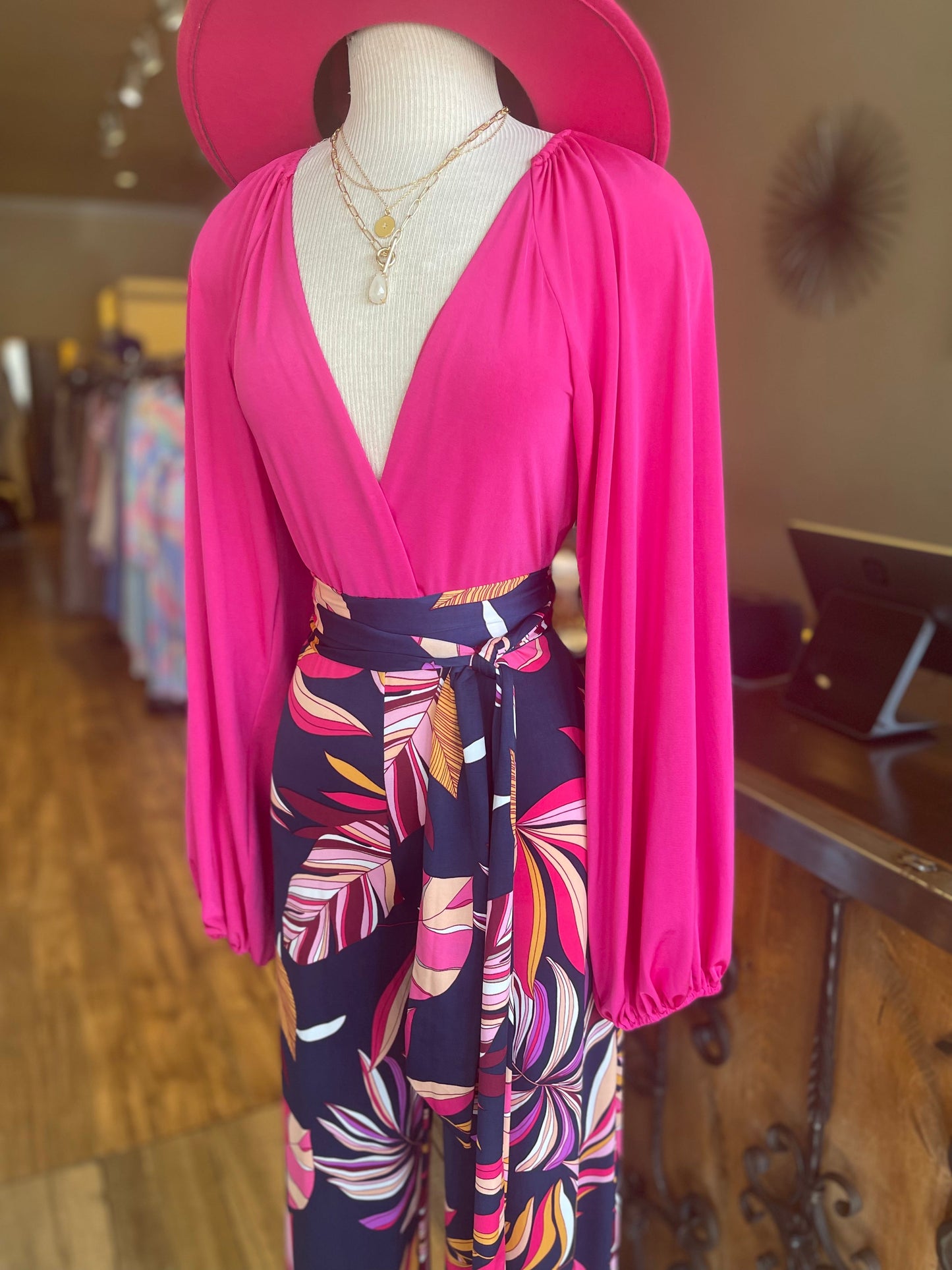 Tie Long Sleeve Print Jumpsuit