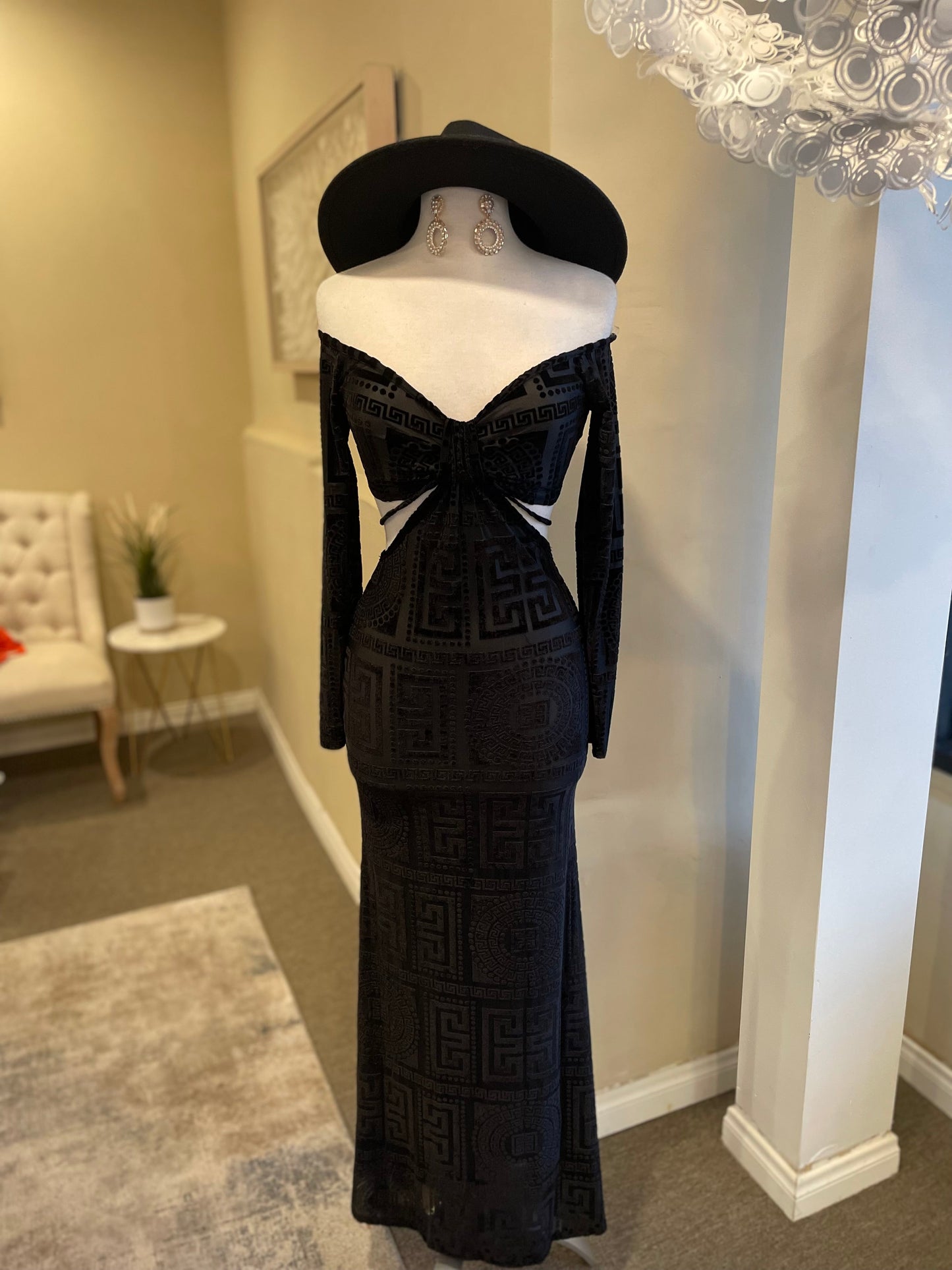 Printed Mesh Cut Out Maxi Dress