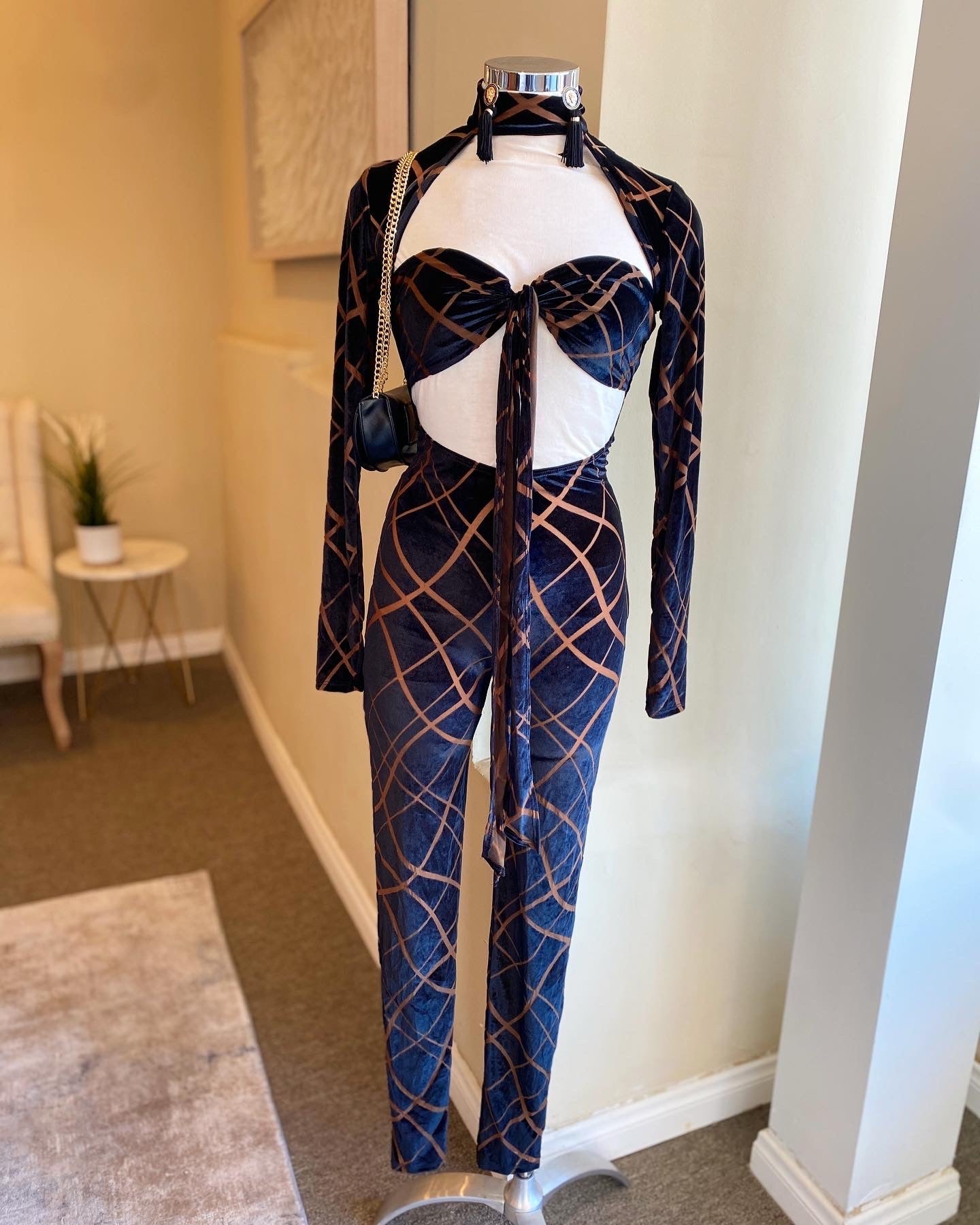 Open Front Bra Top Zipper Back Jumpsuit